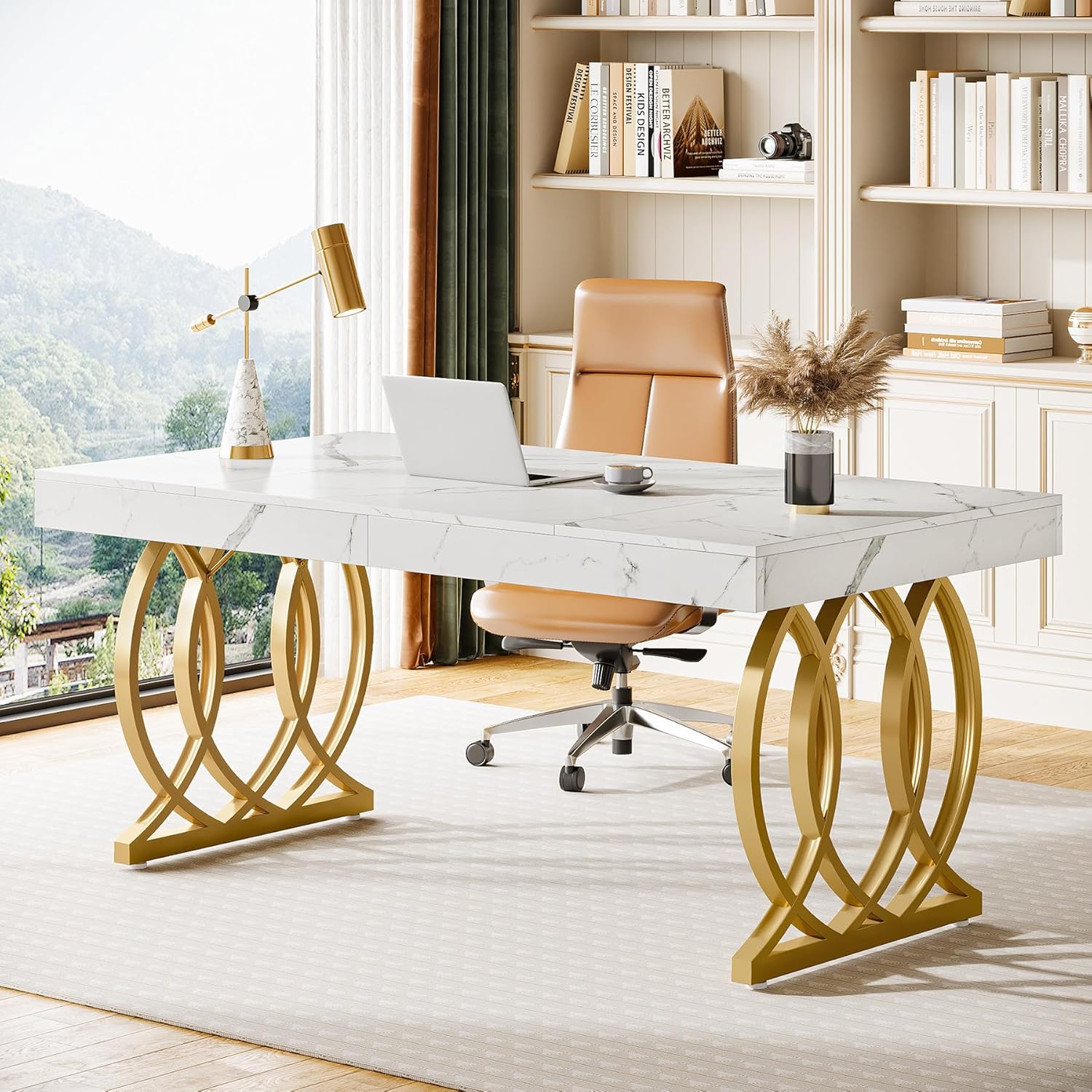 Tribesigns 63 W White and Gold Long Computer Desk Executive Desk with Stylish Gold Legs