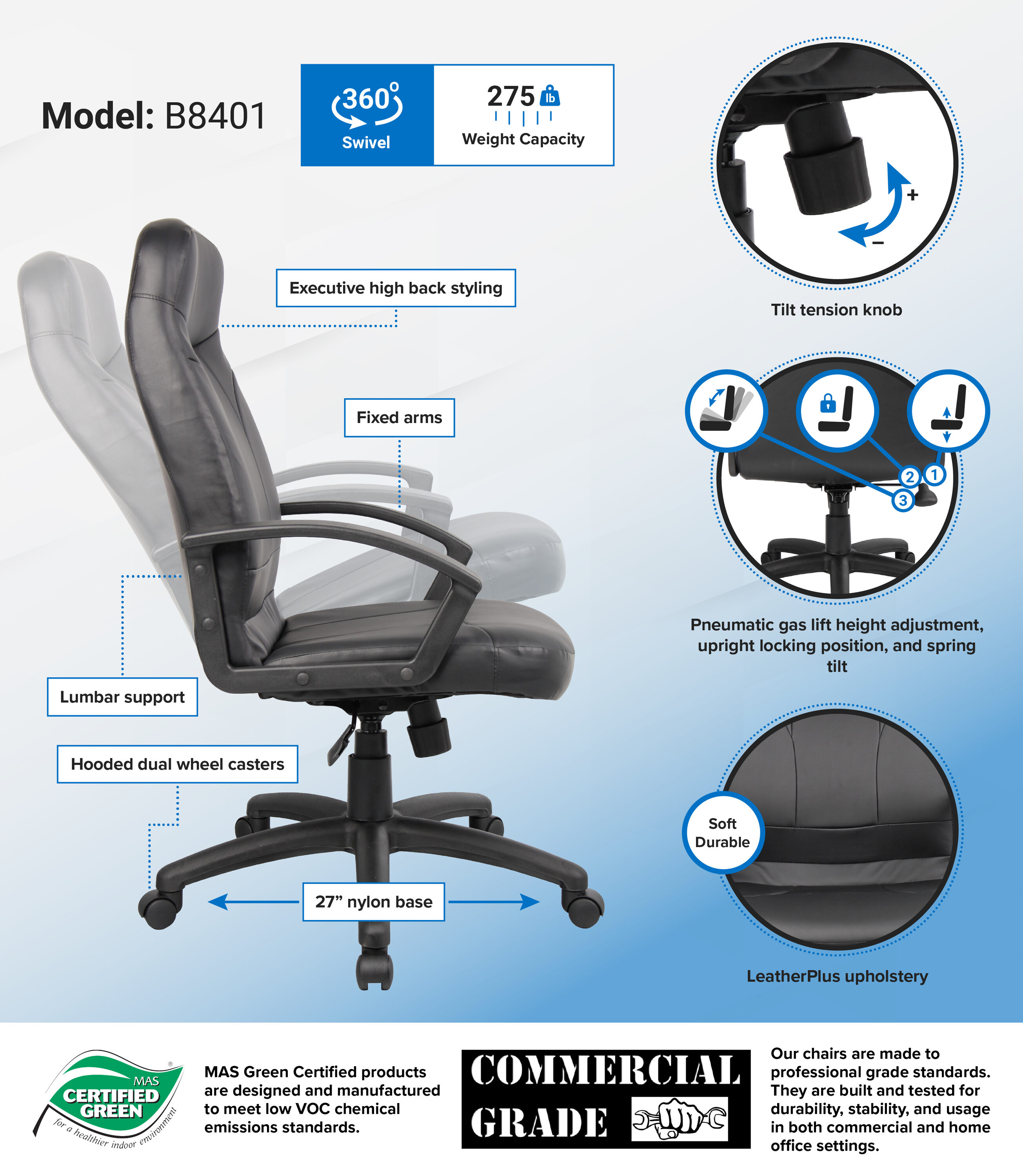 Black Leather High Back Executive Ergonomic Swivel Chair