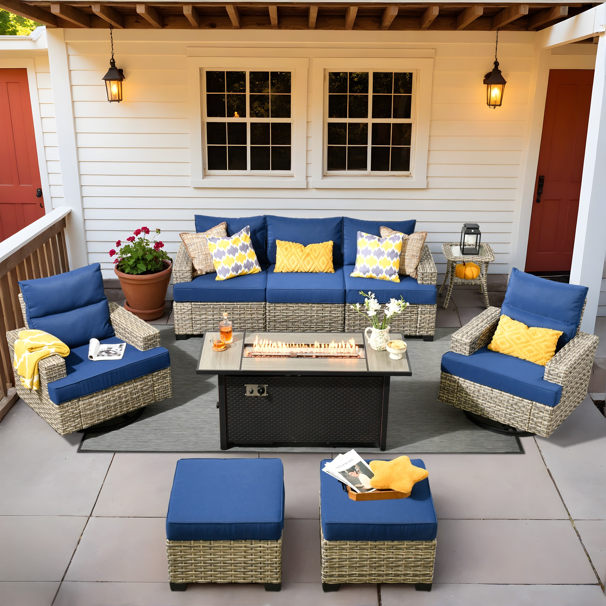 Pouuin SDFPTYZBS706 8-Piece Wicker Patio Sofa Conversation Set with Navy Cushions