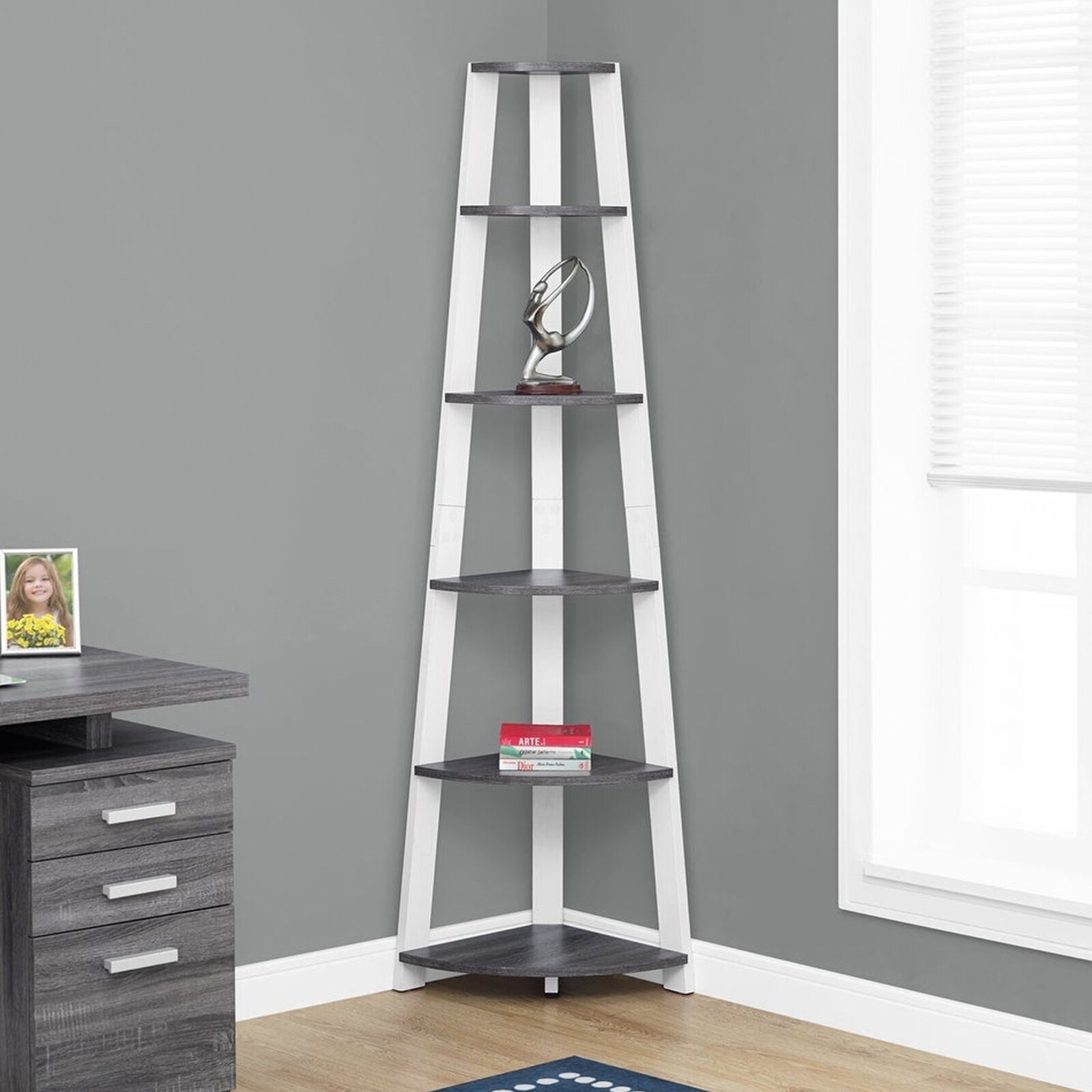 Gray and White Tall Particle Board Bookshelf with Five Shelves