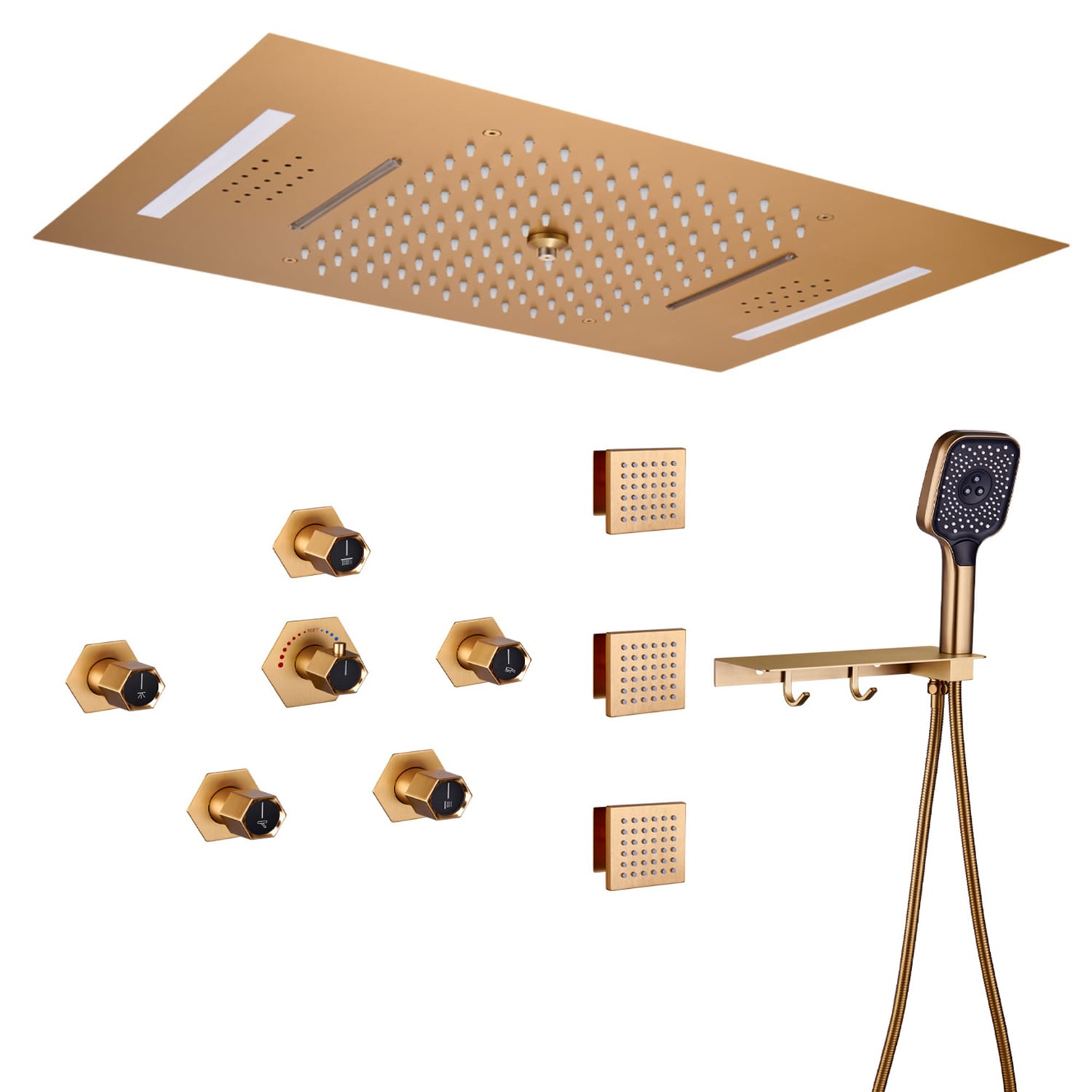 Mondawe MD6104-BG Brushed Gold 23-in Waterfall Dual Head Built-In Shower Faucet System with 3-way Diverter ( Thermostatic Valve Included )