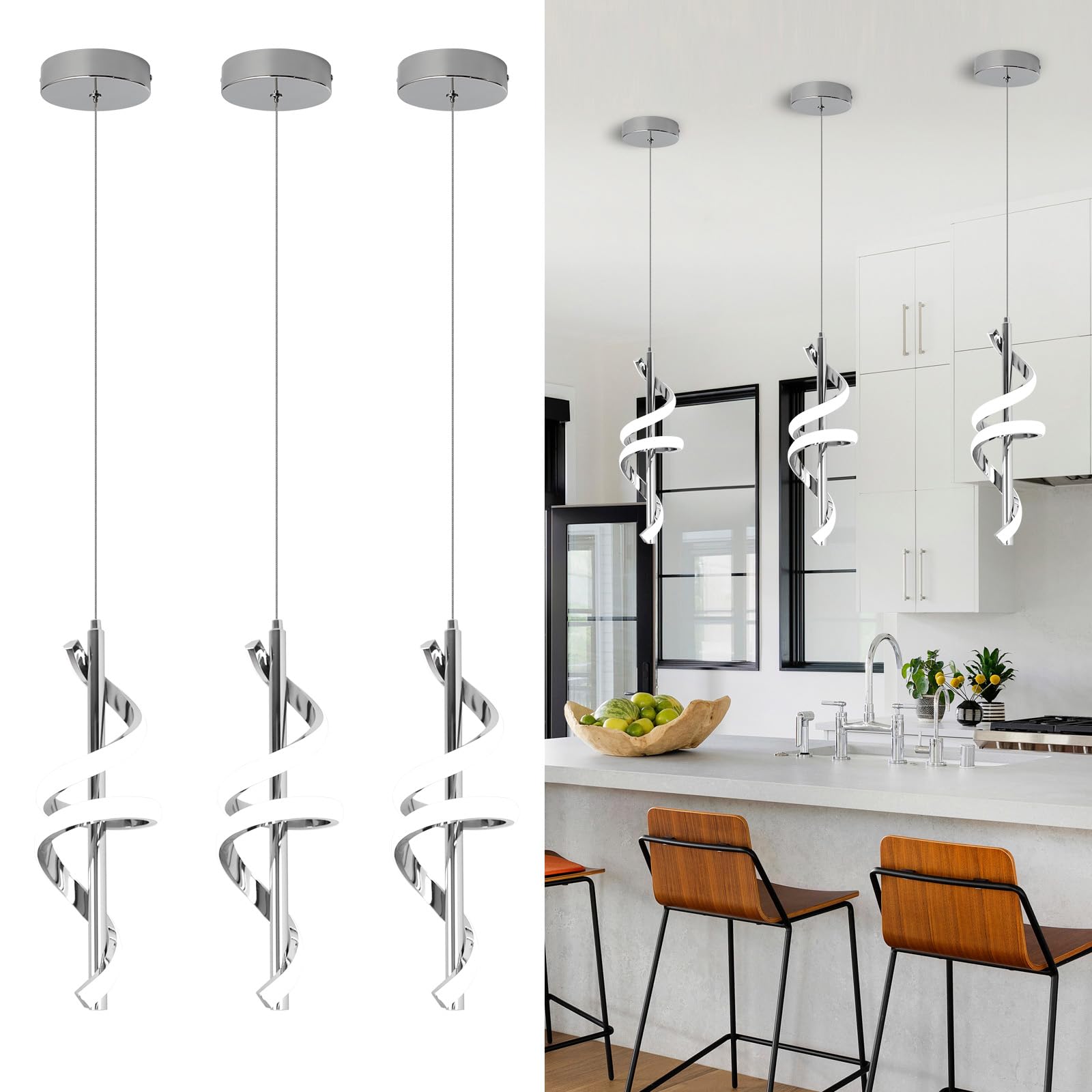 SenQWFa  Spiral Led Pendant Light Fixtures Cold White Modern Adjustable Height Kitchen Island Lighting 3 Packs durable home