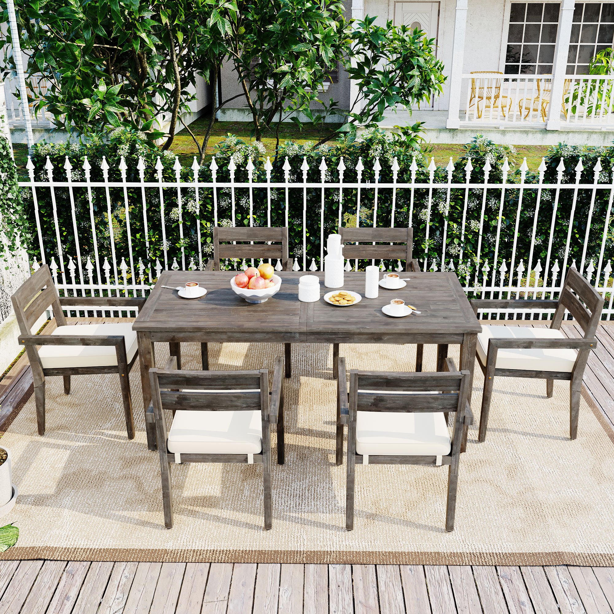 JIMSMAISON BOUSPD02GR 7 -Piece Gray Patio Dining Set Wood Rectangle Table with 6 White Cushions Stackable Stationary Chairs