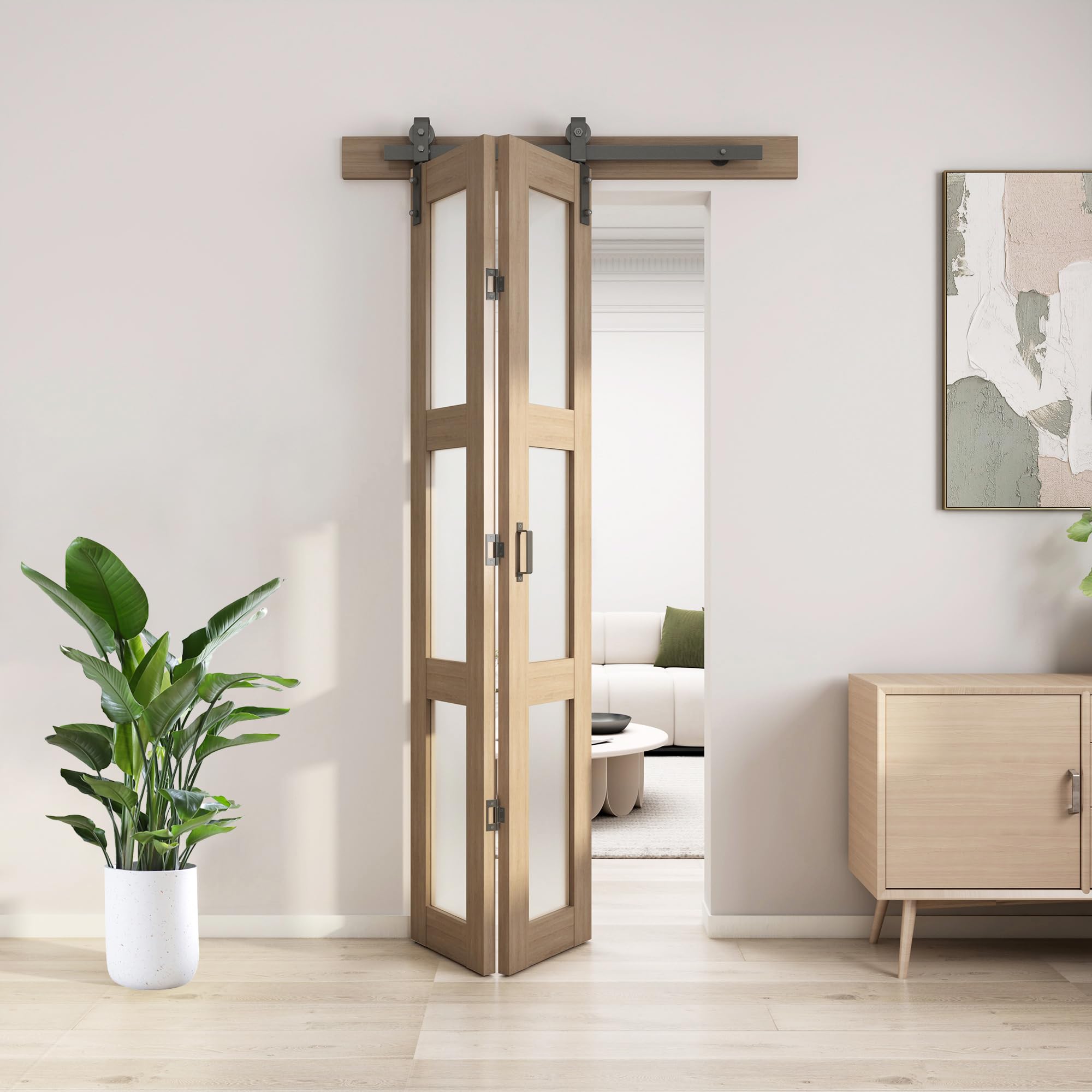 CYIKE  Bifold Glass Barn Door 30Inch Bi Fold Sliding Door Kit with Hardware Included 3 Panel Glass Door Slab Solid Wood with MDF and Waterproof