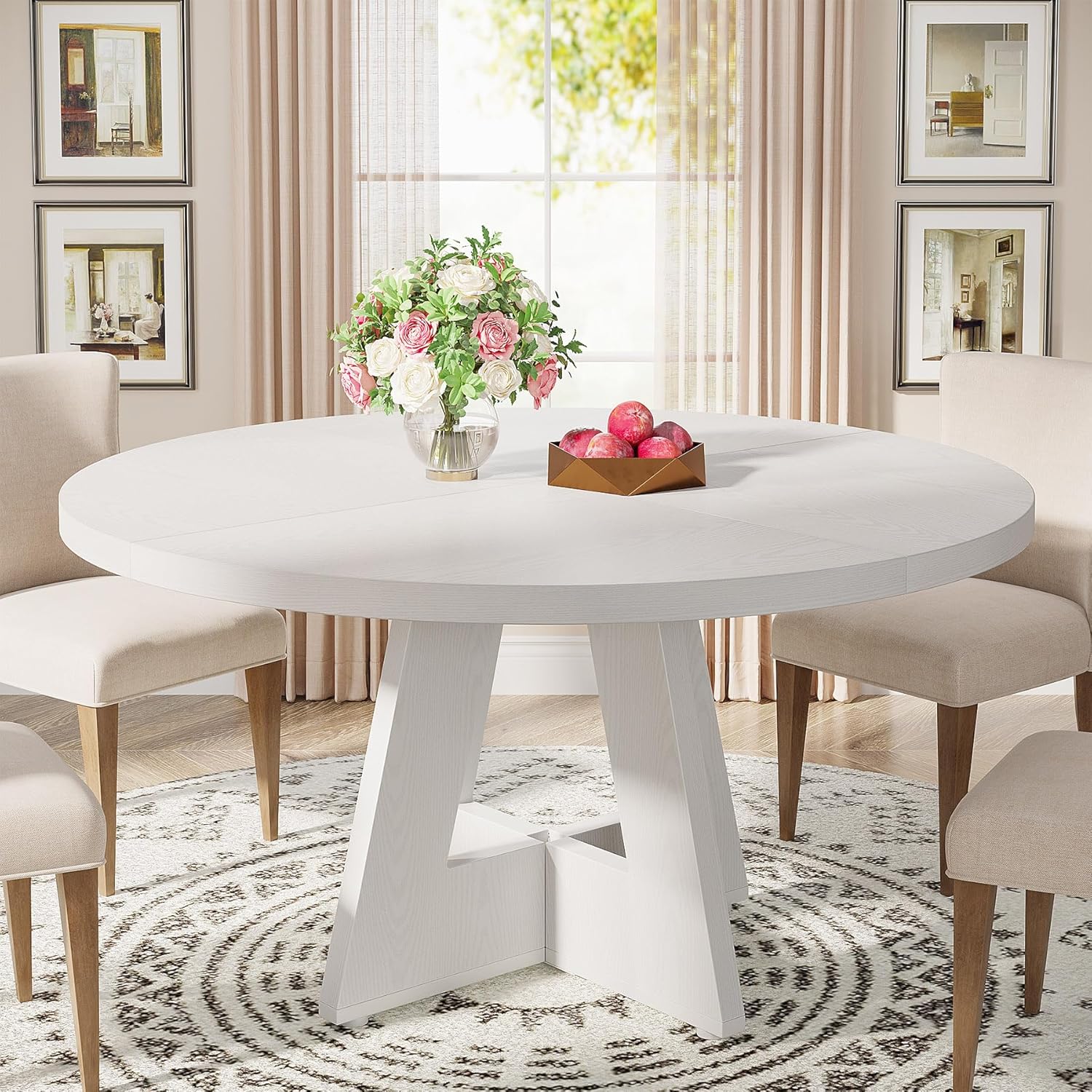 LOVMOR 47inch Round Farmhouse Dining Table White Wood Kitchen Table for 4 Cross Base Wooden ...
