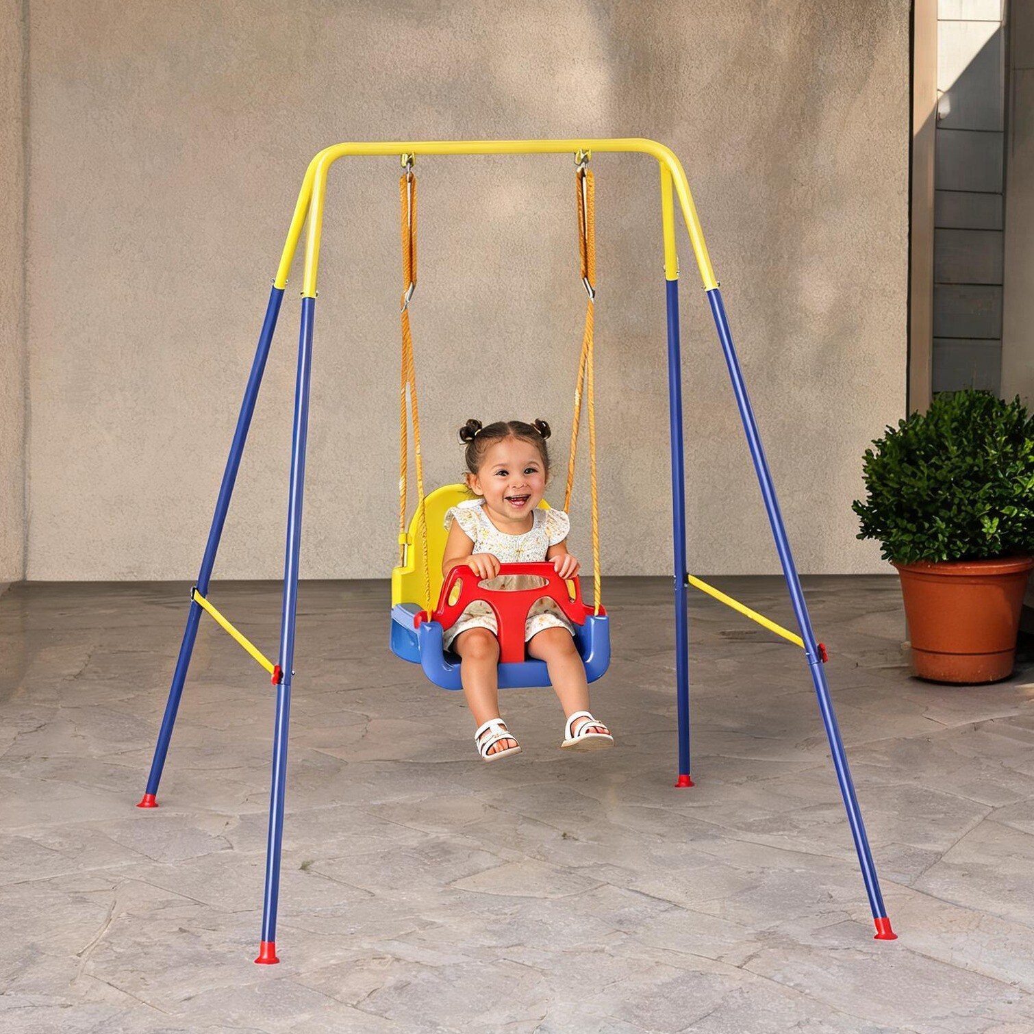 Naturefalls Foldable Metal Toddler Swing with Adjustable Bucket Seat and T-Bar Rich Blue Supports 110 lbs