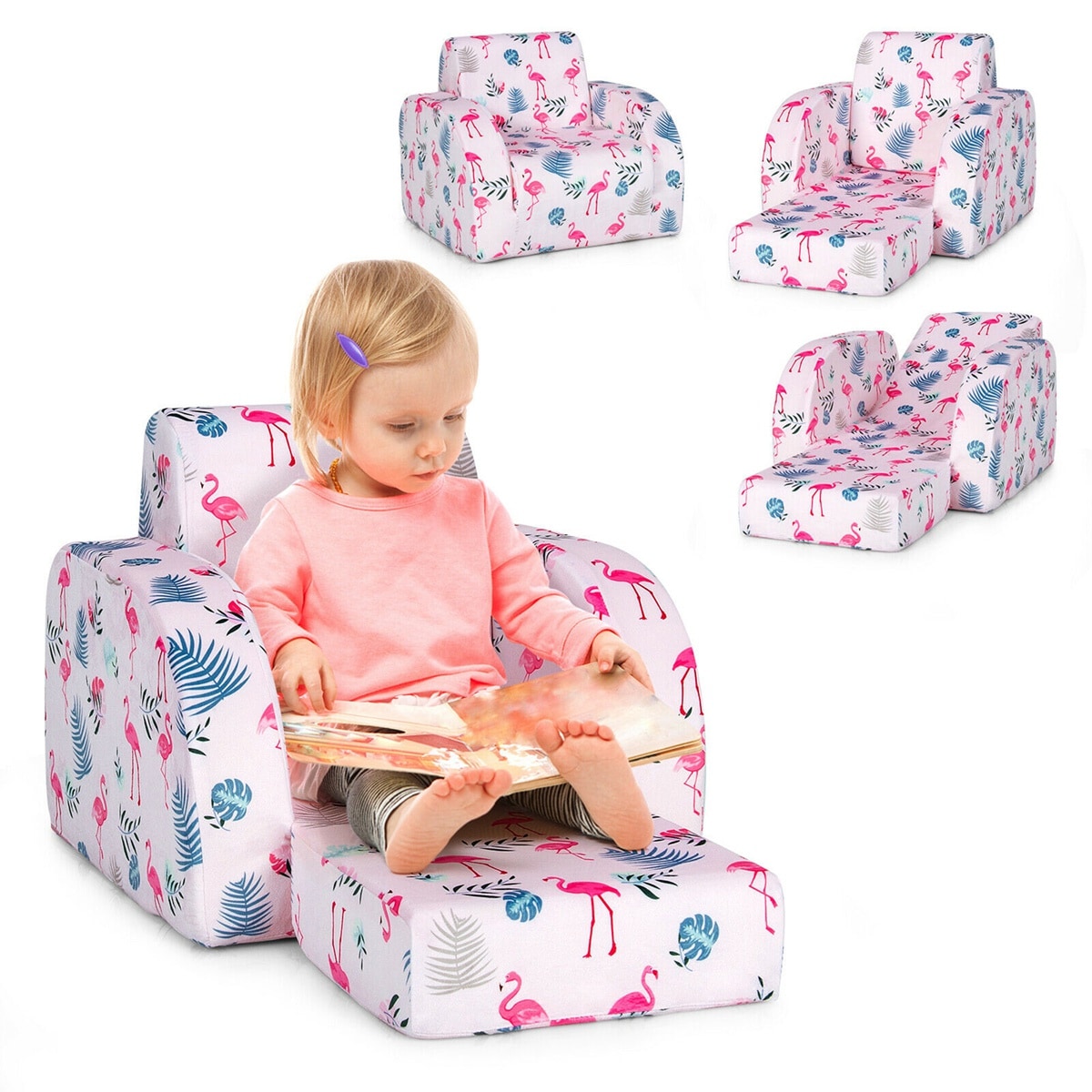 Costway CSHY000660 3-in-1 Convertible Kid Sofa Bed Flip-Out Chair Lounger for Toddler Pink
