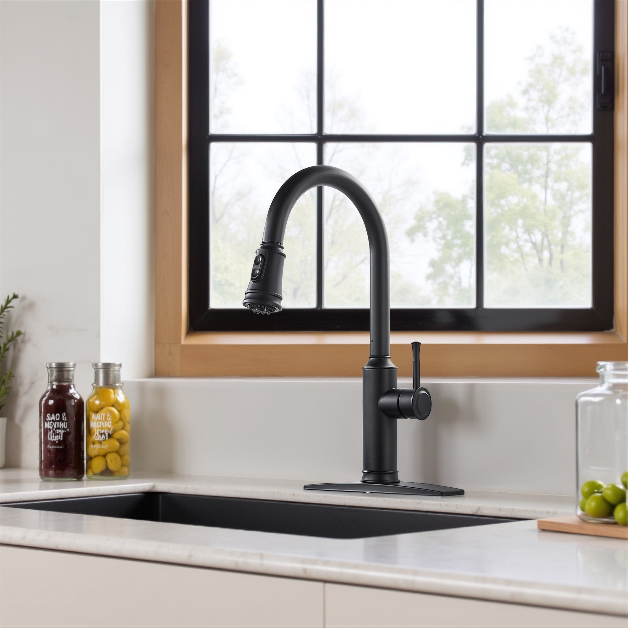androme AA22006B Matte Black Single Handle Deck-mount Pull-down Kitchen Faucet with Sprayer ( Deck Plate Included )
