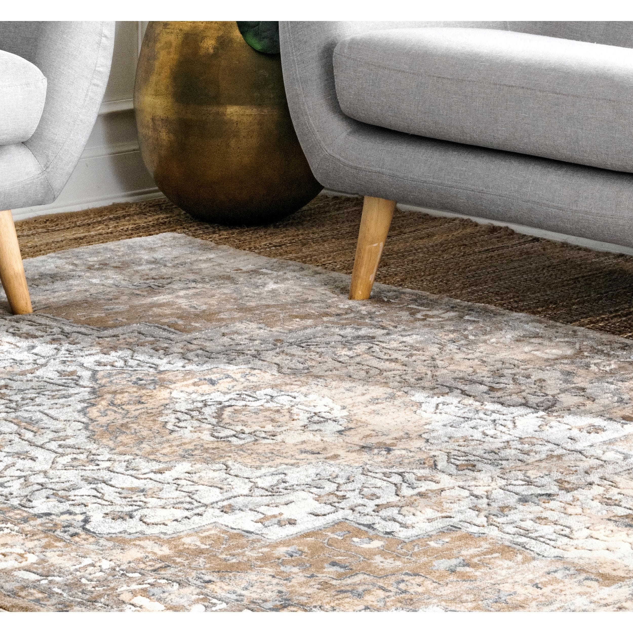 Beige and Gray Synthetic Medallion Runner Rug, 2' x 8'