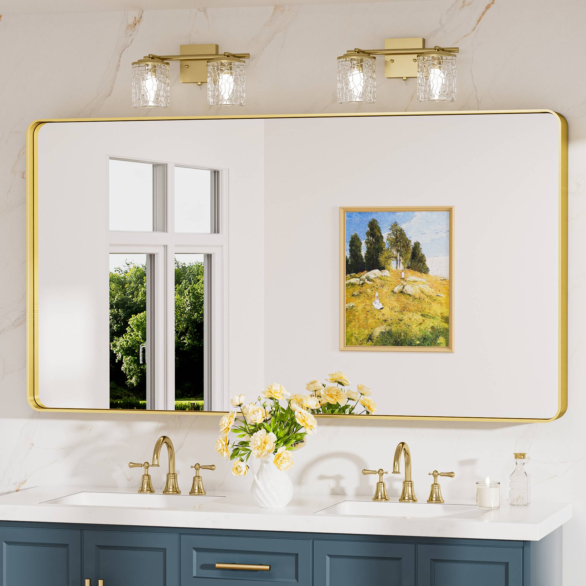 Keonjinn LW-JSKYJ2-13875GD Bathroom Mirrors 55-Inches W x 30-Inches H Rectangle Brushed Gold Framed Wall Mirror