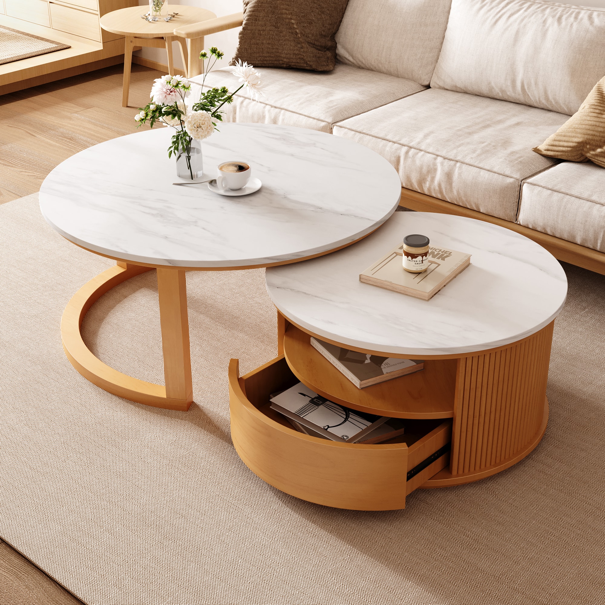 ModernLuxe L3P-N735P305621N Round Nesting Coffee Table with White Marble Top 2Tier storage and 1 drawer Natural 28.5inch