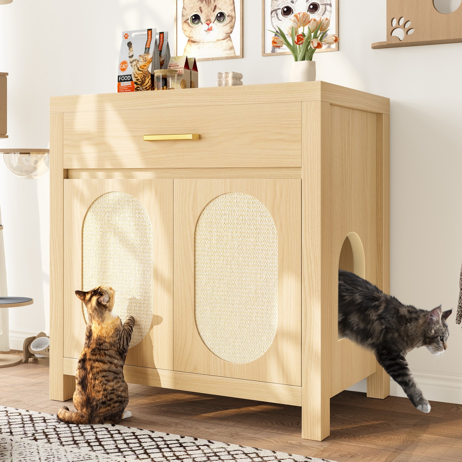 GlasFlength  Cat Litter Box Desk Side Table Coffee Table Hidden Wooden Cat House with Scratching Board and Storage Drawer Natural