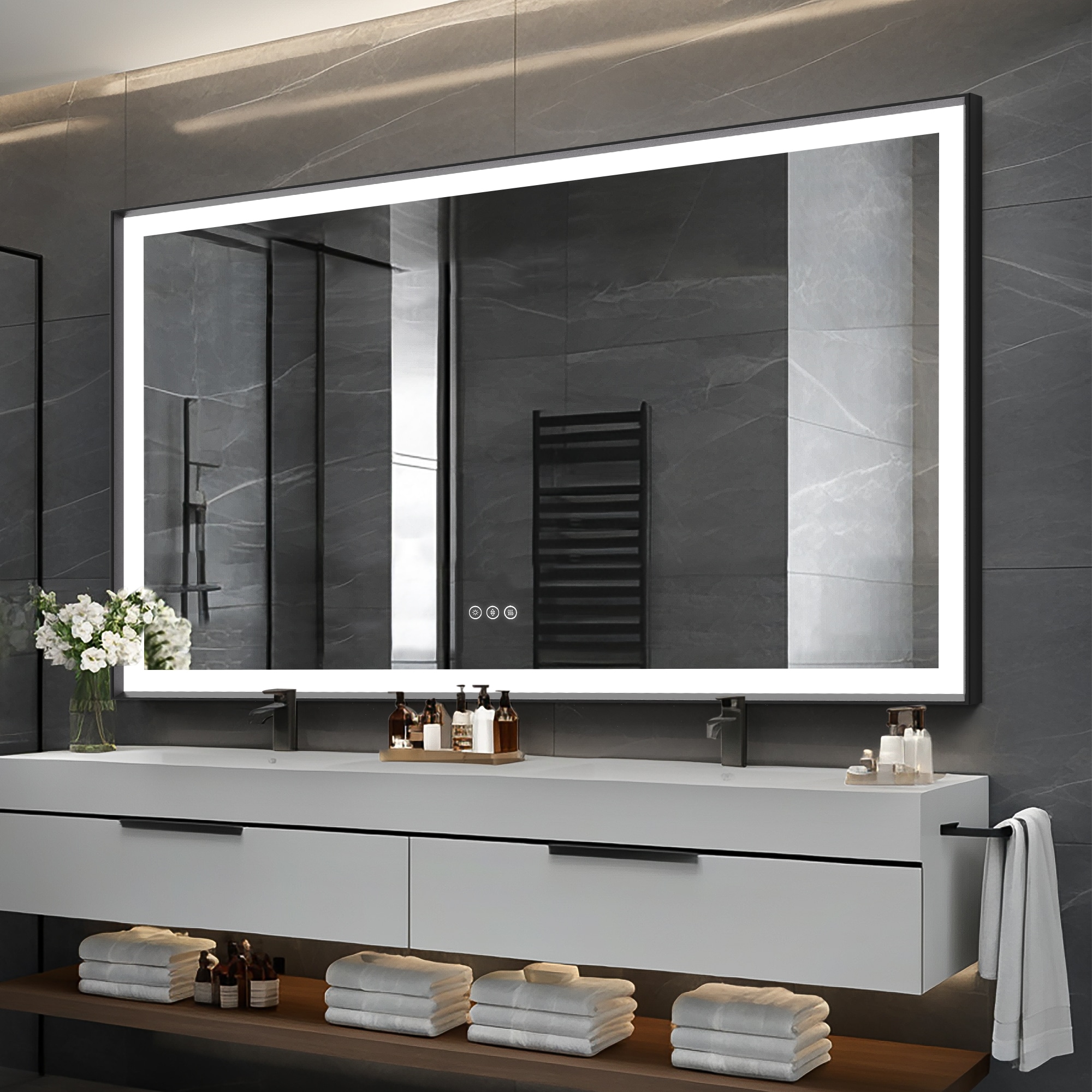 Maxax MS02-3660-HH VM 36-in x 60-in Framed Rectangle Dimmable LED Lighted Fog Free Bathroom Vanity Mirror ( Sanded Matte Black )