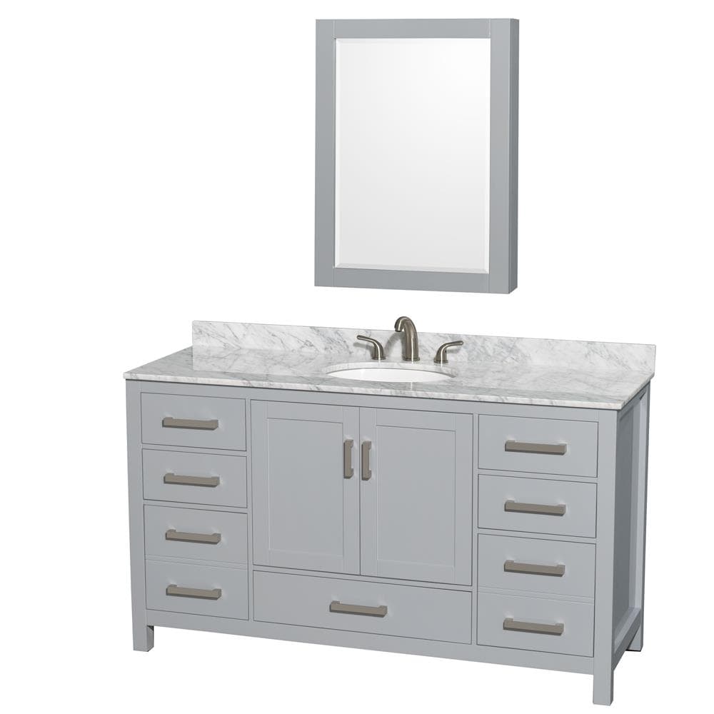Wyndham Collection WCS141460SGYCMUNOMED Sheffield 60-in Gray with Brushed Chrome Trim Undermount Single sink Bathroom Vanity with White Marble Top (Mirror Included)