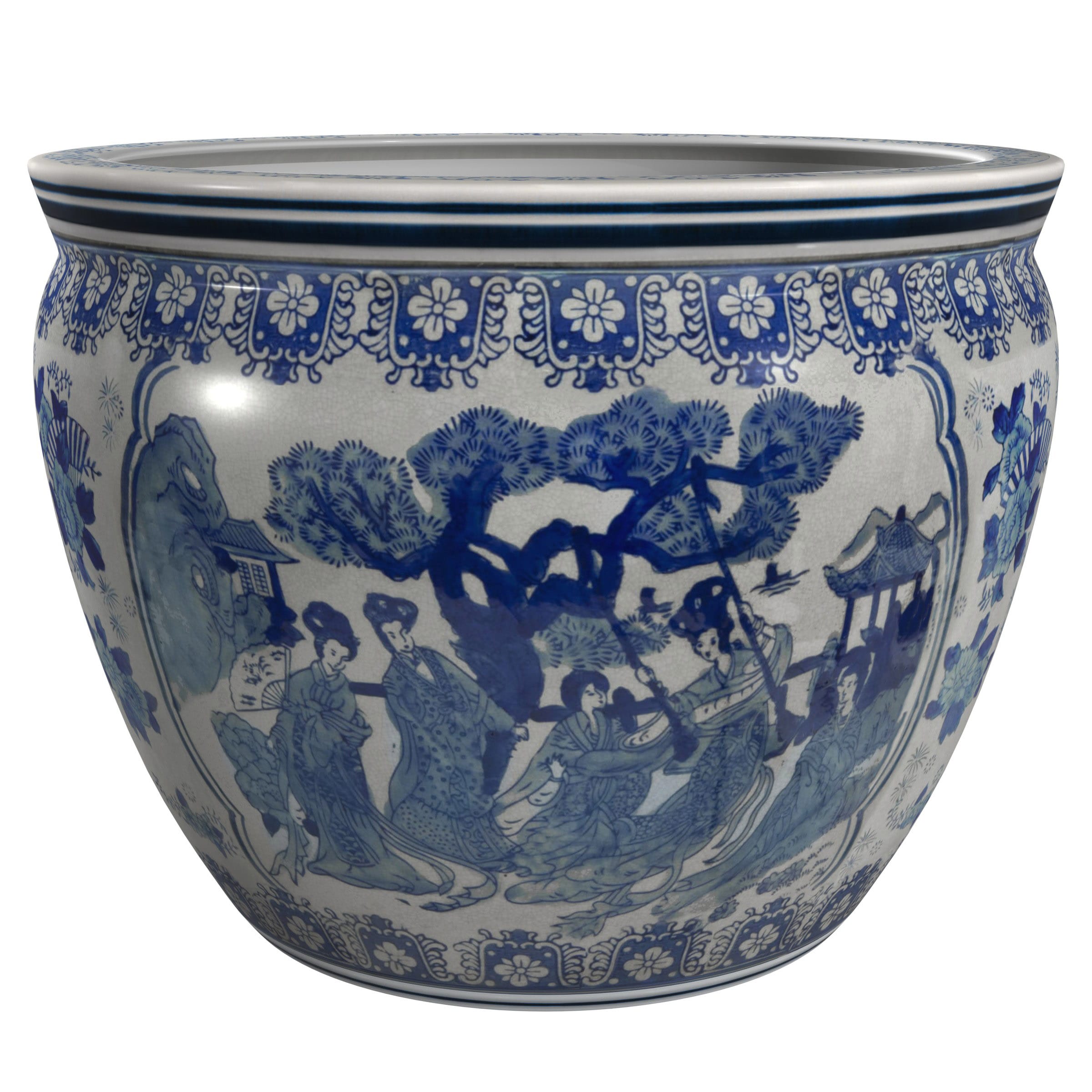 Red Lantern BW-12FISH-BWLD Round 12-Inches W Medium Blue Porcelain Indoor/Outdoor Planter