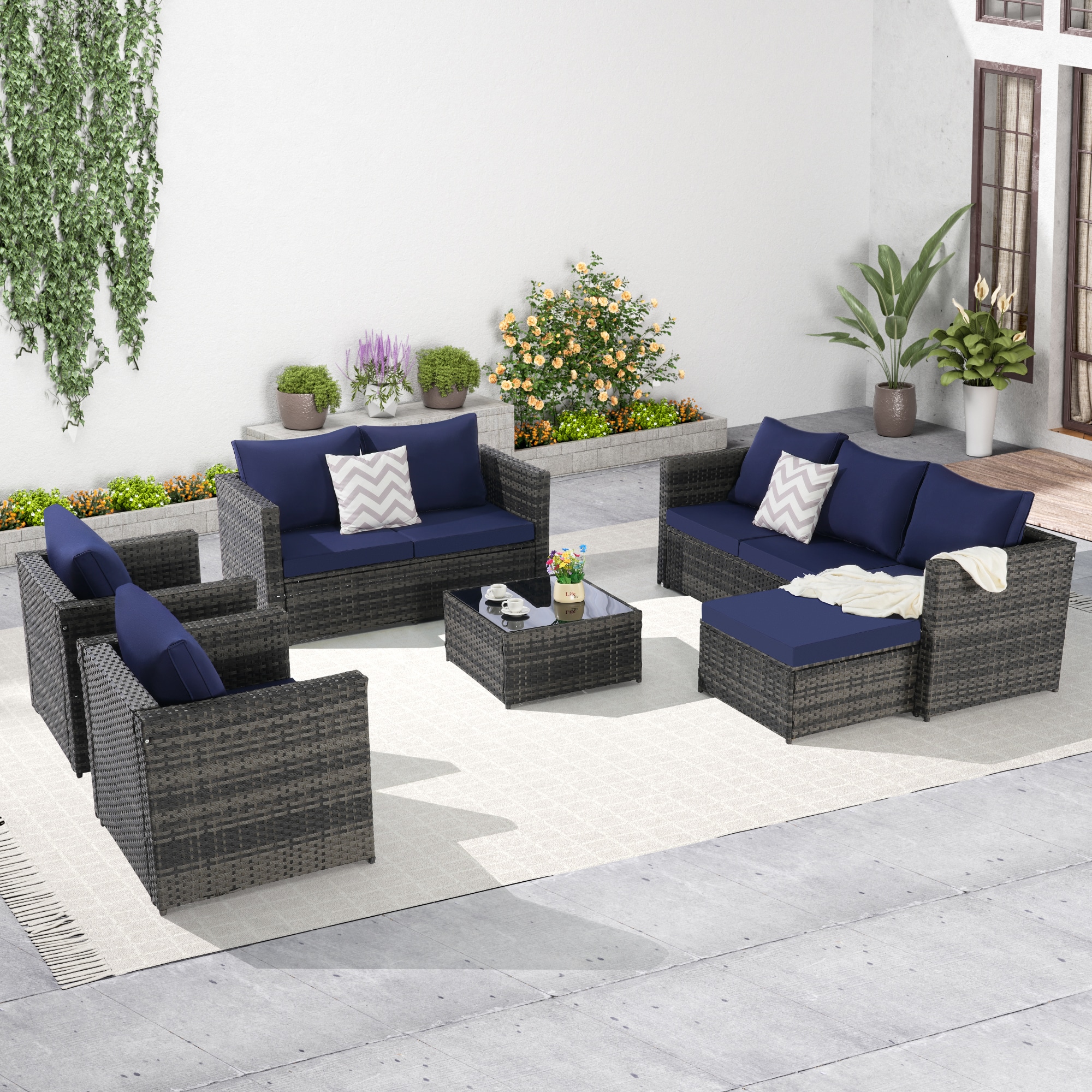Mondawe MA-GC907T 6 -Piece Wicker Patio Sofa Conversation Set with Blue Cushions