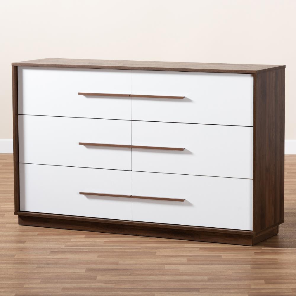 Baxton Studio Mette White Walnut 6 Drawer Standard Dresser in the