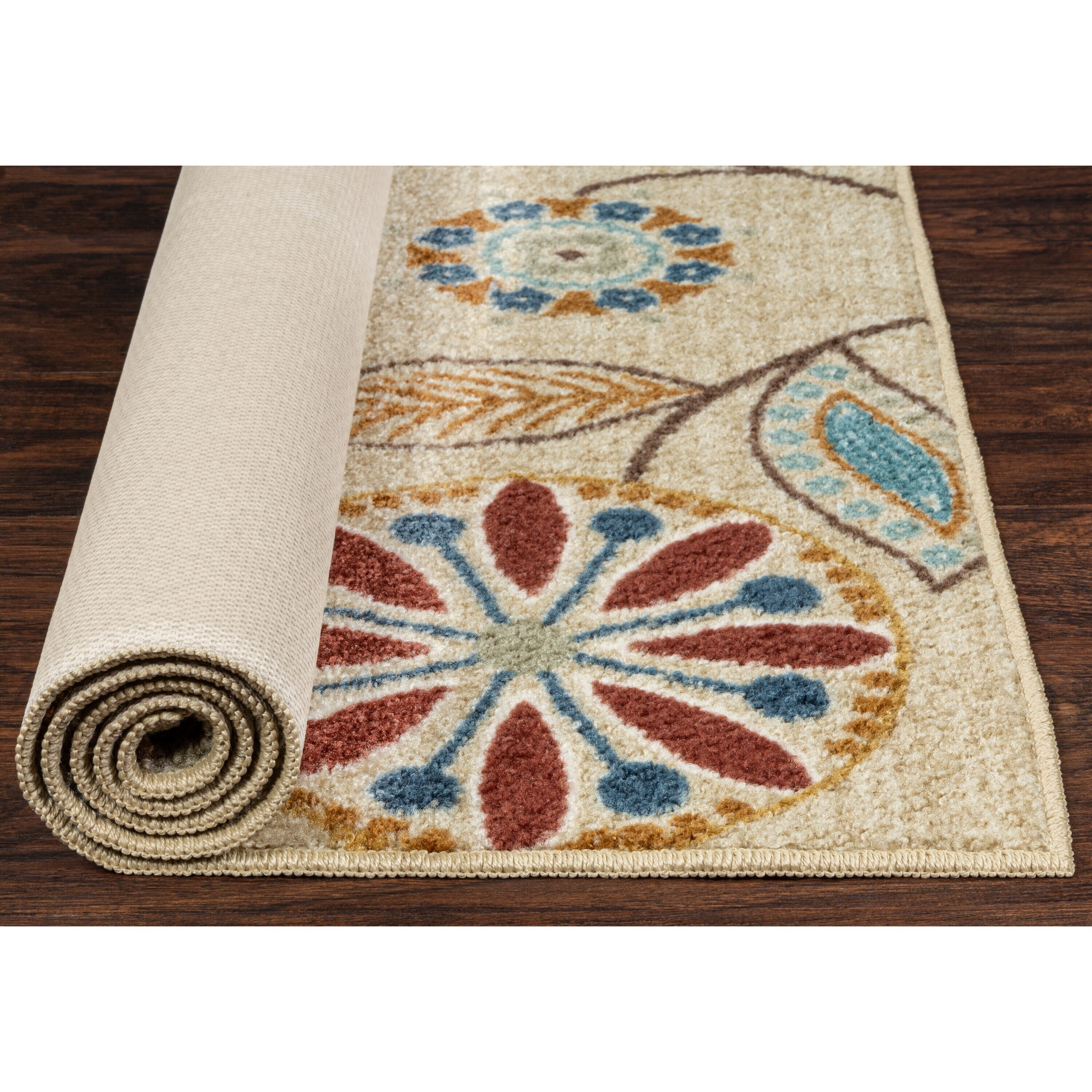 Beige Floral Tufted Washable Rectangular Rug