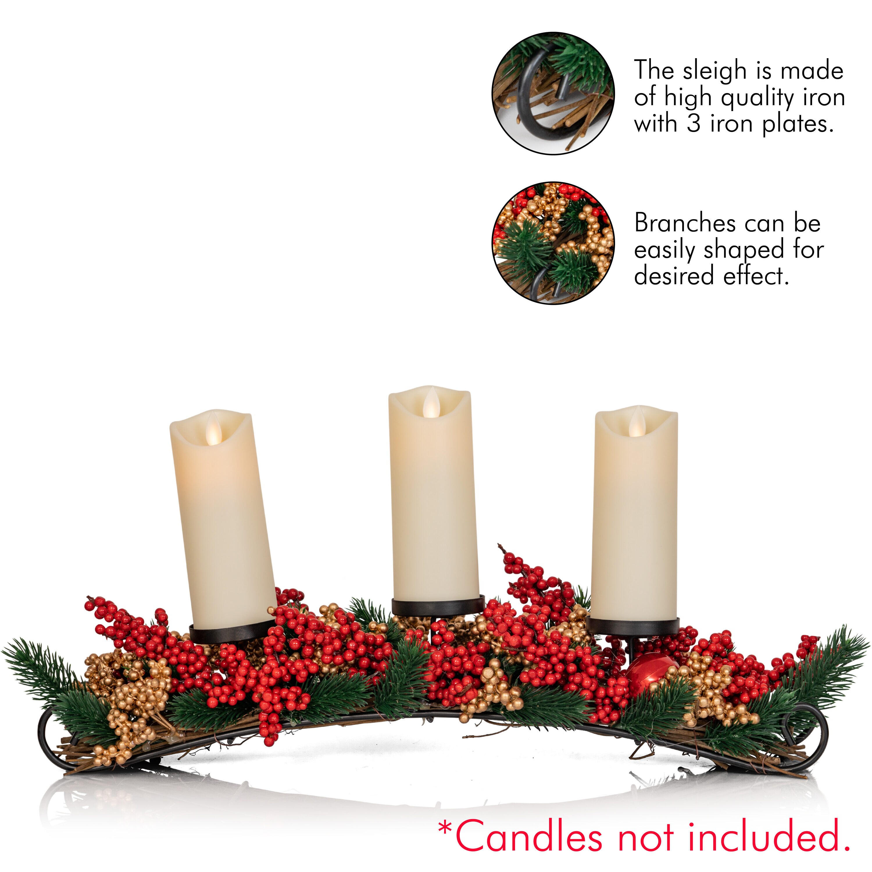 Winter Elegance 20" Iron Sleigh Candle Holder with Red and Gold Berries
