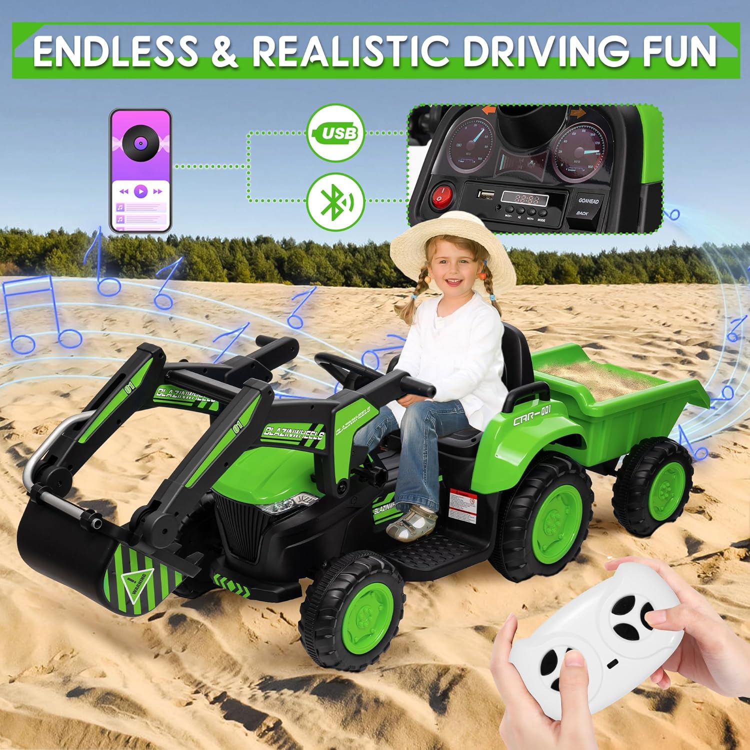 Qeetex KIDSPTO0ZGYS5G2 12V 3 in 1 Kids Ride On Excavator Tractor With Detachable Trailer Remote Control Led Lights Bluetooth Music And Safety Features Green