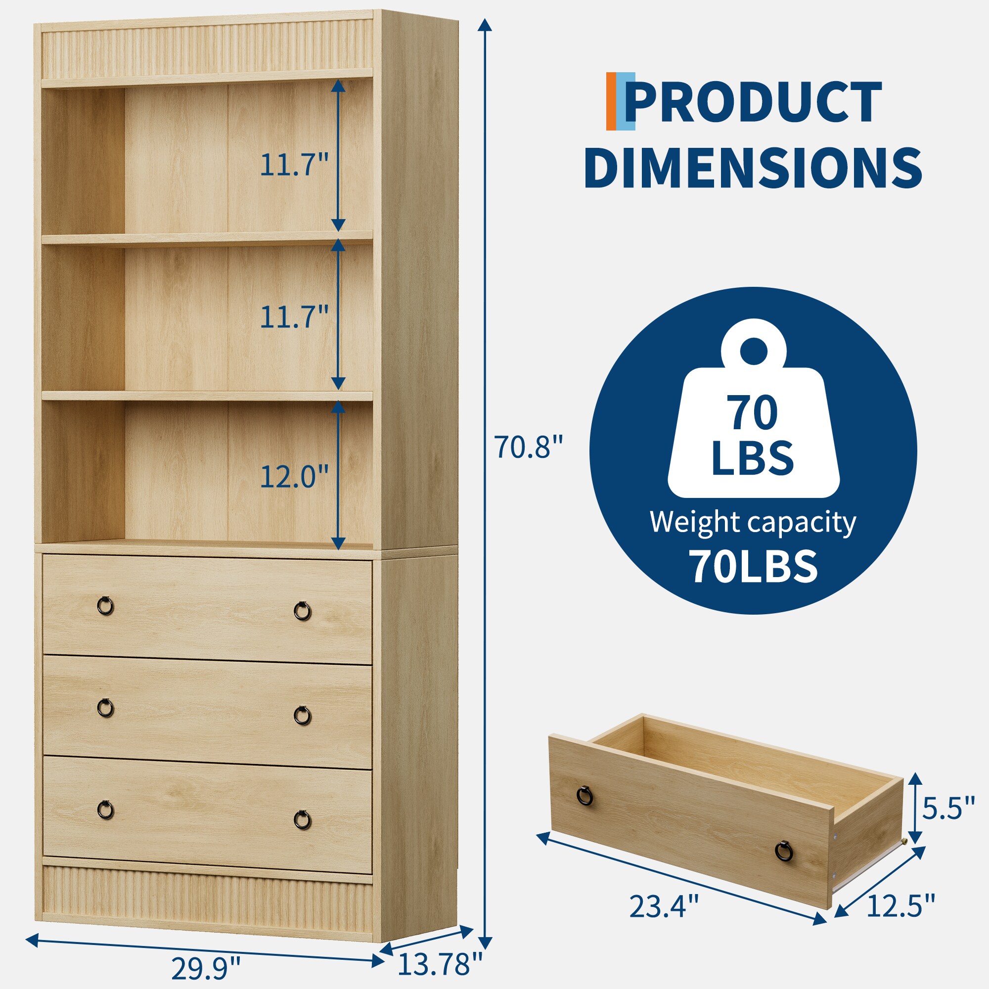IdealHouse Natural 70 8 Inch Tall 30 Inch Wide 6 Tier Fluted Bookshelf ...