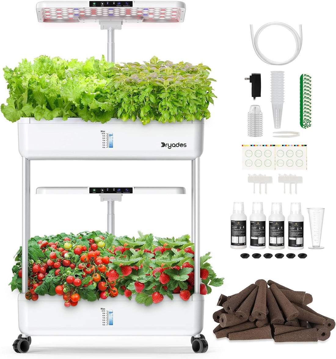 Dryades 44 Pods Indoor Hydroponic Growing System 2 Tiers Dual 53W Full Spectrum LED 5.2 Gallon Water Tank
