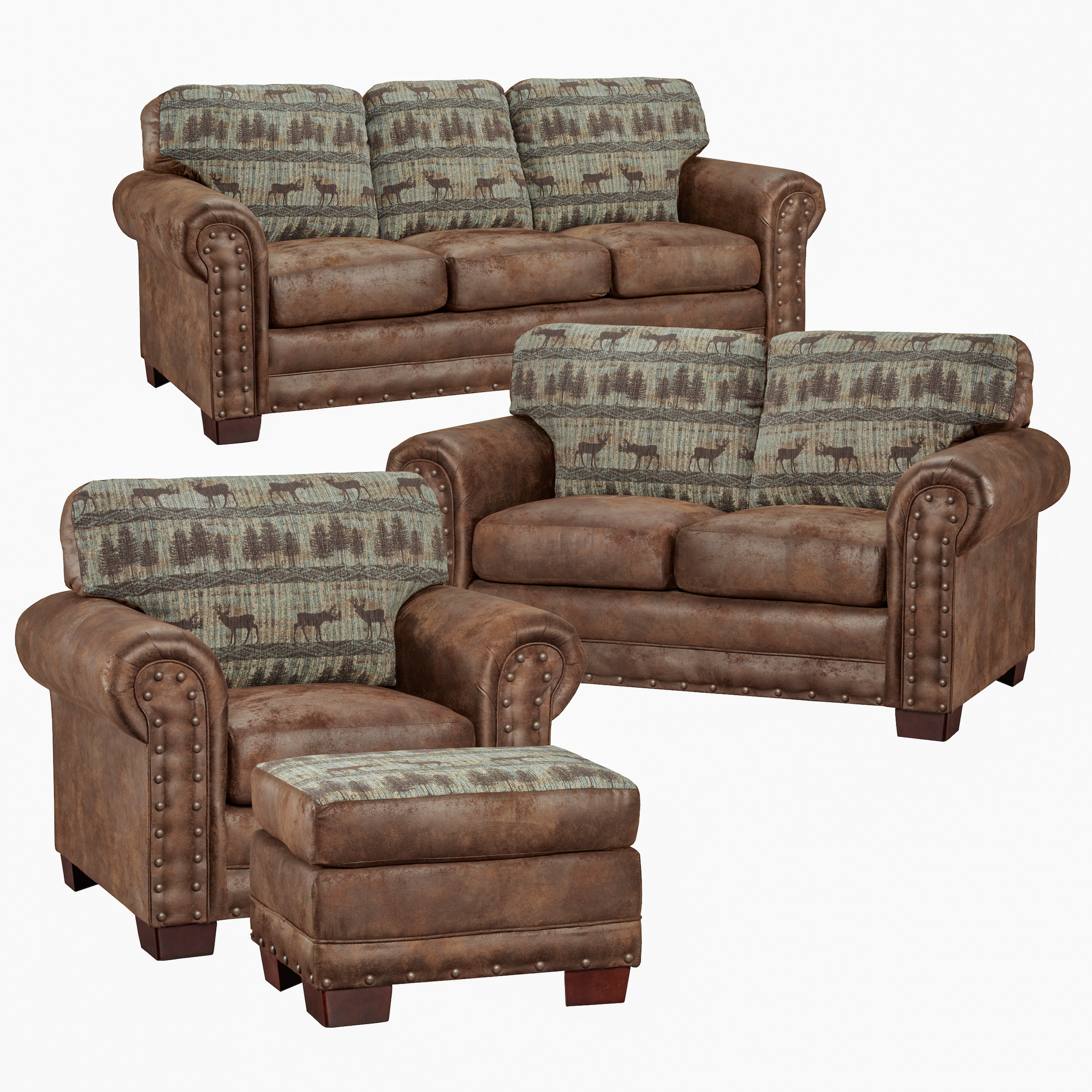 Deer Teal 4-Piece Rustic Sleeper Sofa Set with Oak Frame