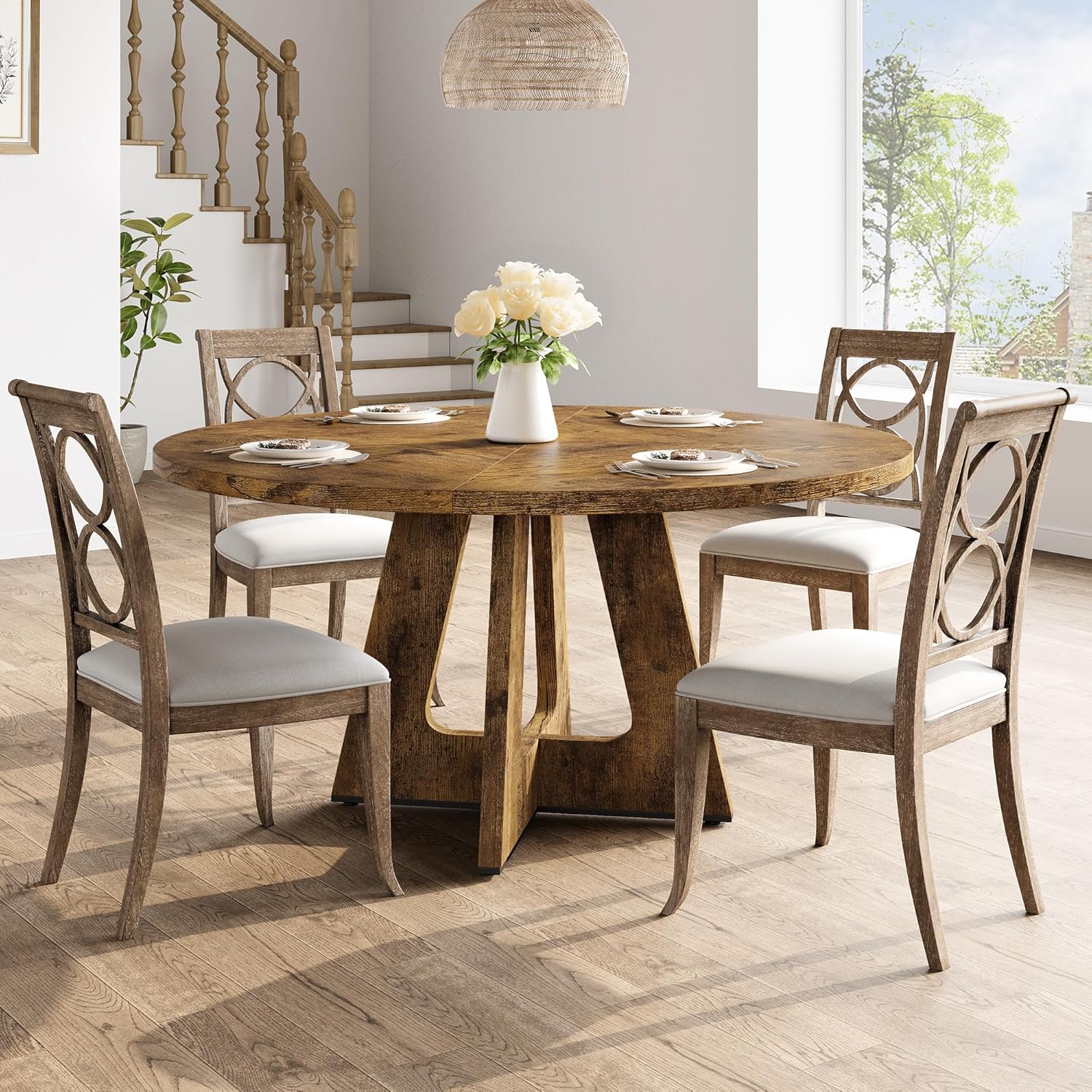 DEXSO 47-in Round Rustic Industrial Wood Dining Table Metal Base Seats 4 Brown