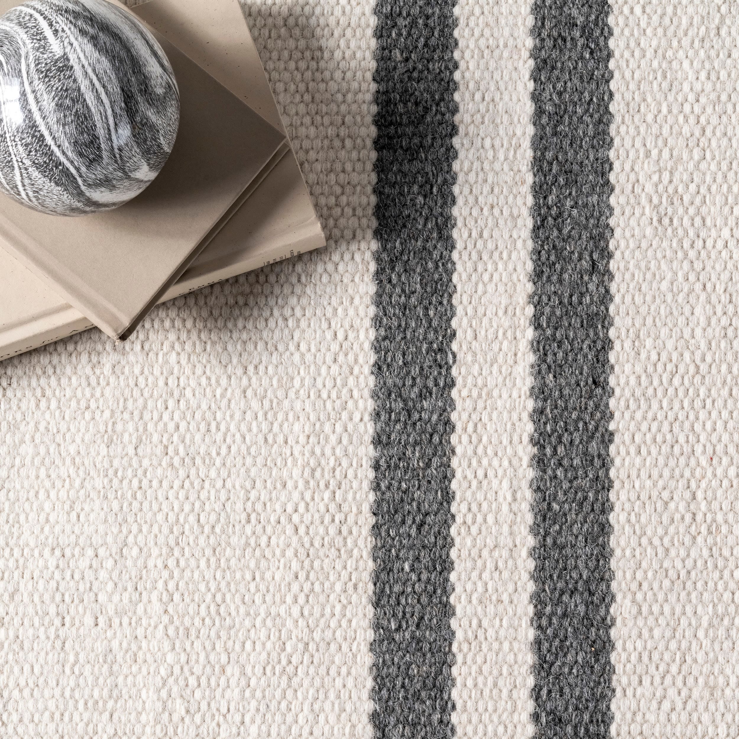 Ivory and Gray Striped Wool 4' x 6' Flat Woven Rug