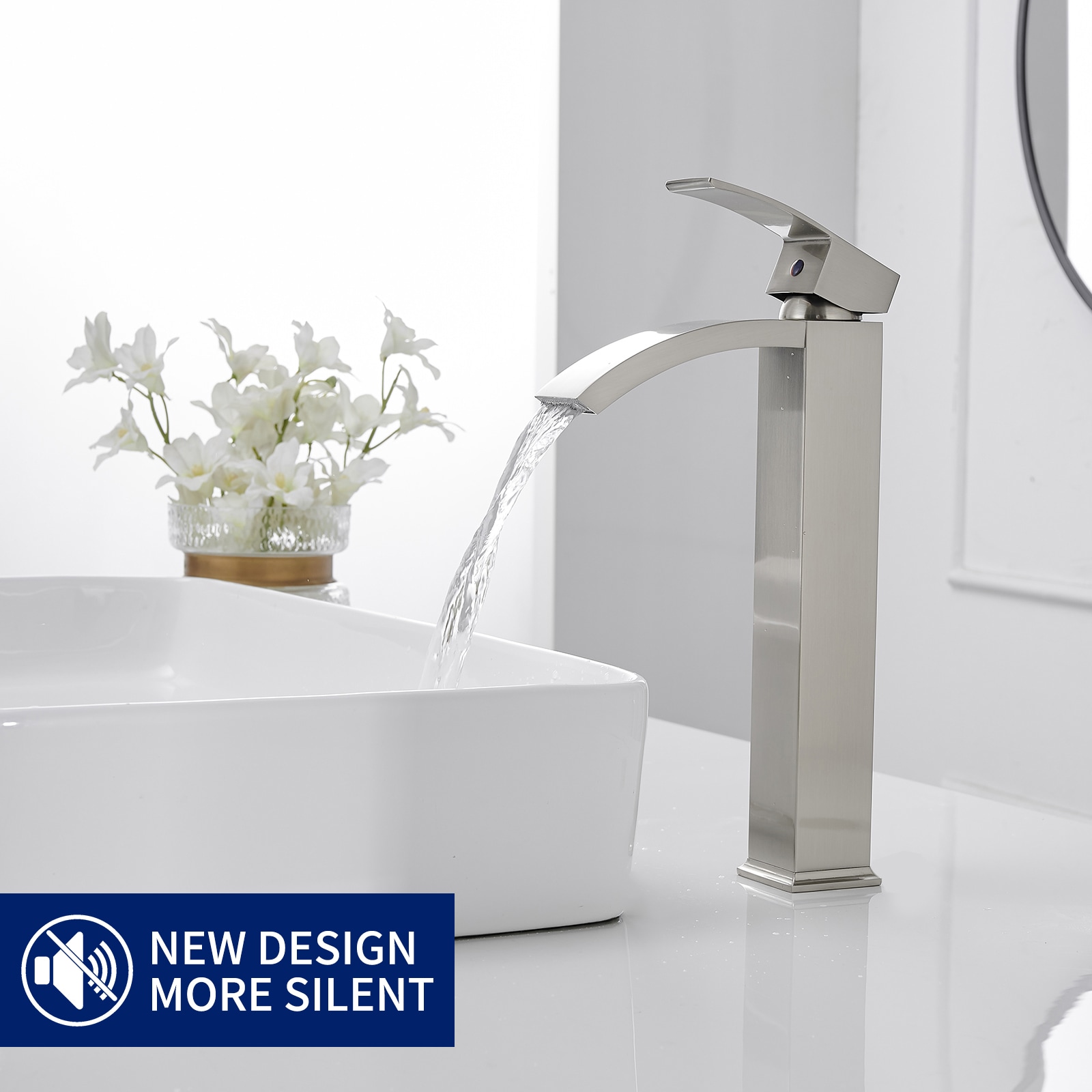 Brushed Nickel Waterfall Vessel Sink Faucet with Pop-Up Drain