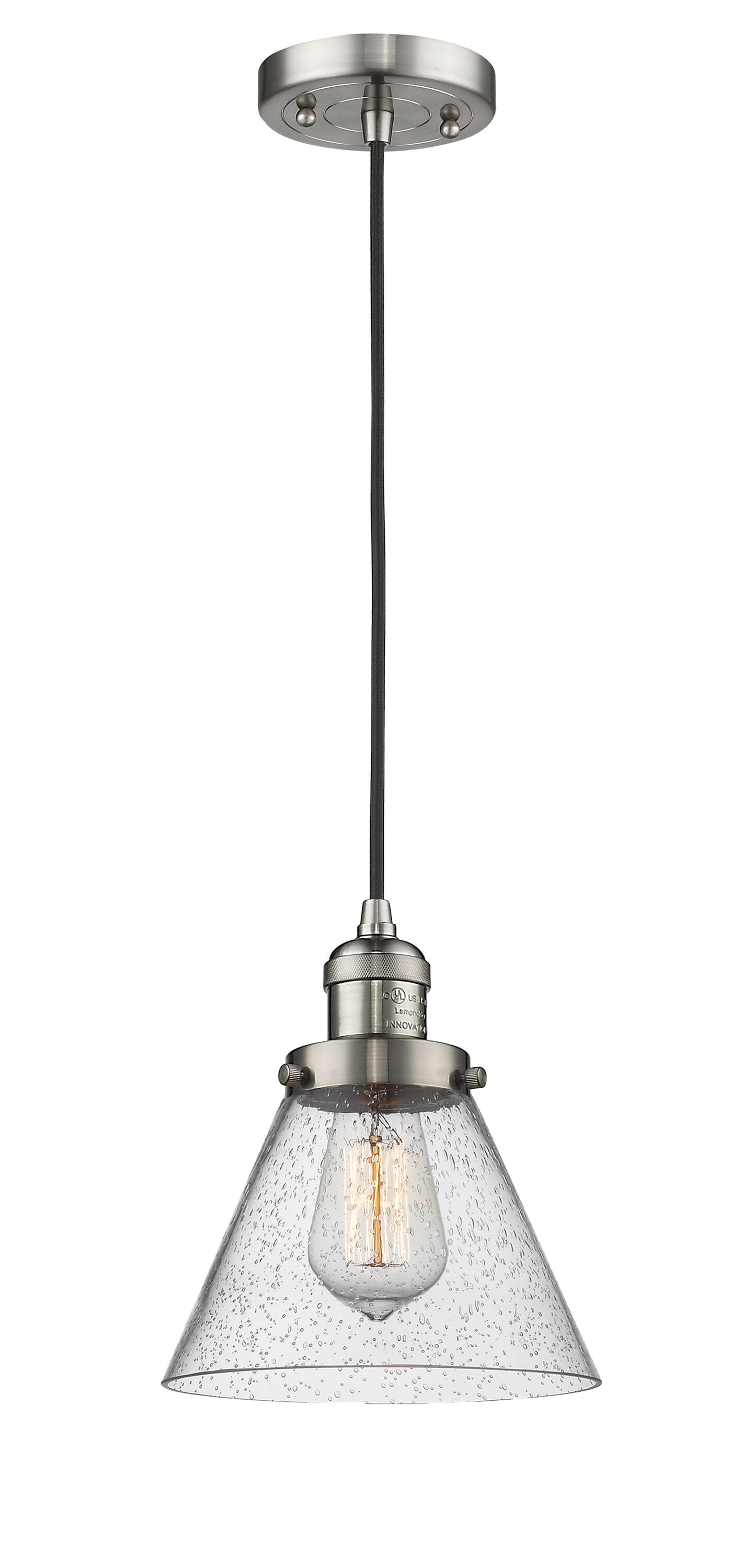 Innovations Lighting 201C-SN-G44 Cone Brushed Satin Nickel Industrial Seeded glass Cone Medium Hanging Pendant light