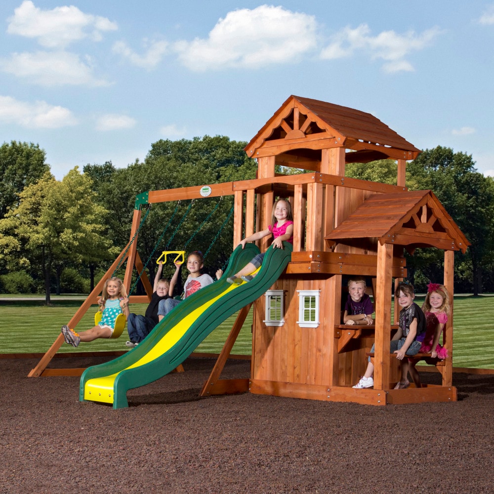 Backyard Discovery 55010COM Tanglewood Residential Wood Playset with 3 Swings and Slide Included