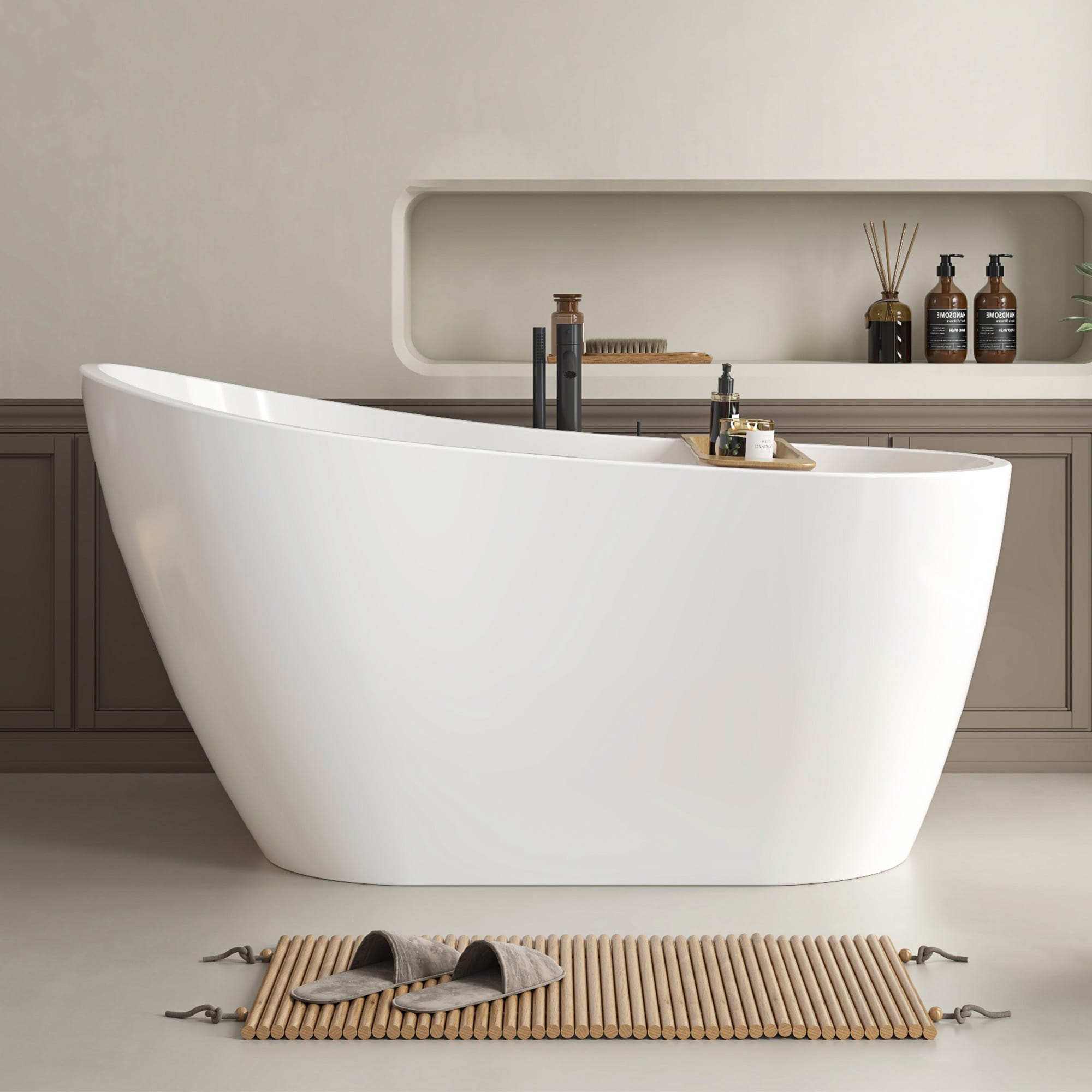 Vanity Art VA6531-MB 28.3-in x 55-in White/Matte Black Acrylic Oval Freestanding Soaking bathtub ( Left Drain )