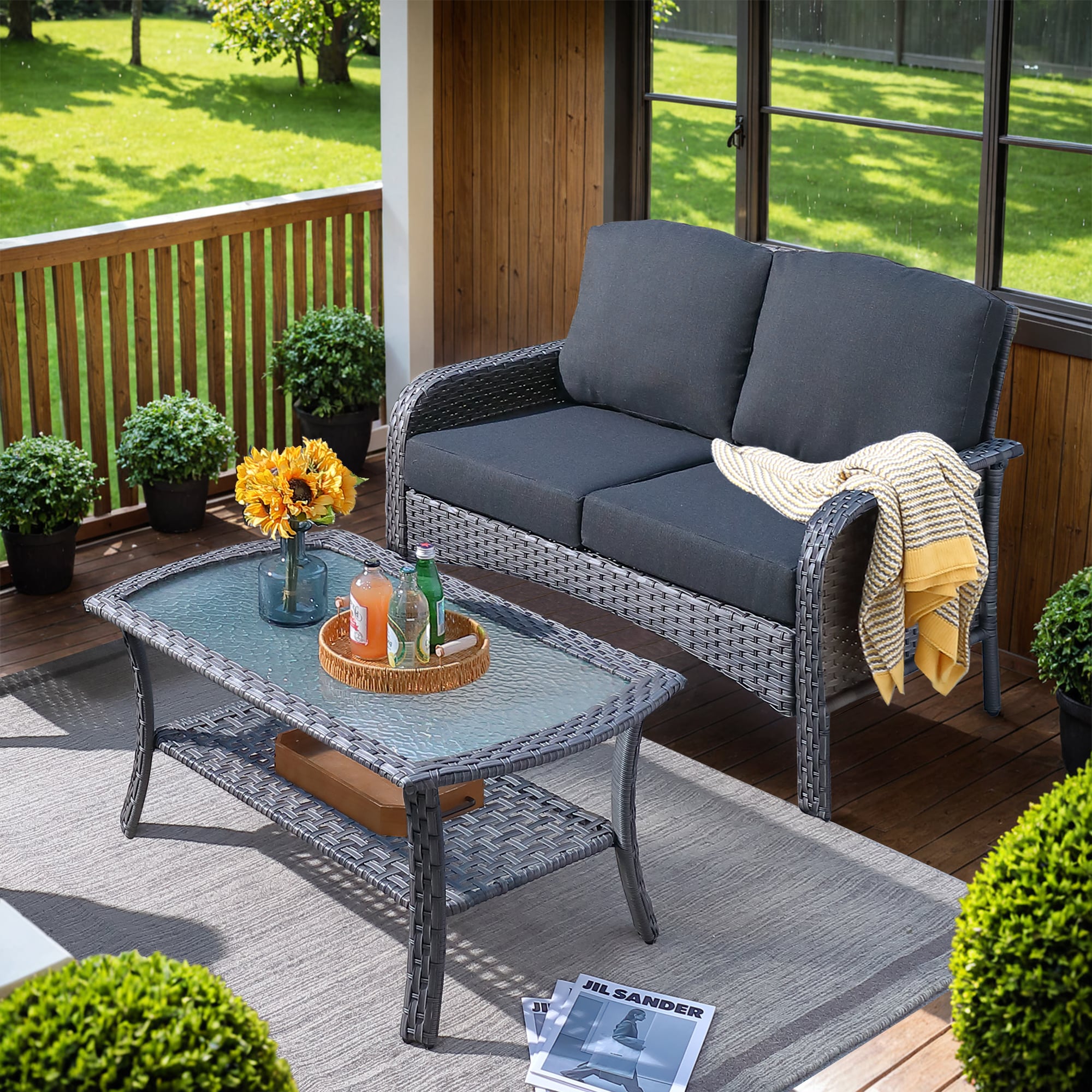 Pouuin SDNG1-2 2 -Piece Wicker Patio Conversation Set with Black Cushions