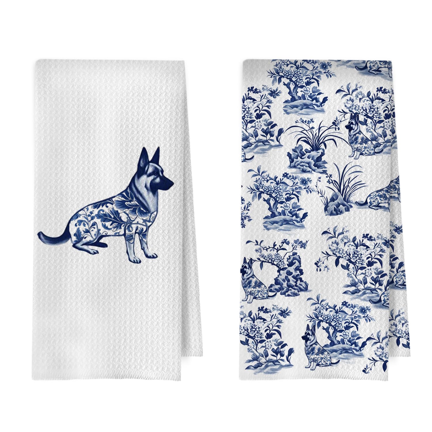 Etokfoks  Blue White Floral Pattern Waffle Weave Kitchen Dish Towels Dog Theme Decorative Hand Tea Towel Set of 2