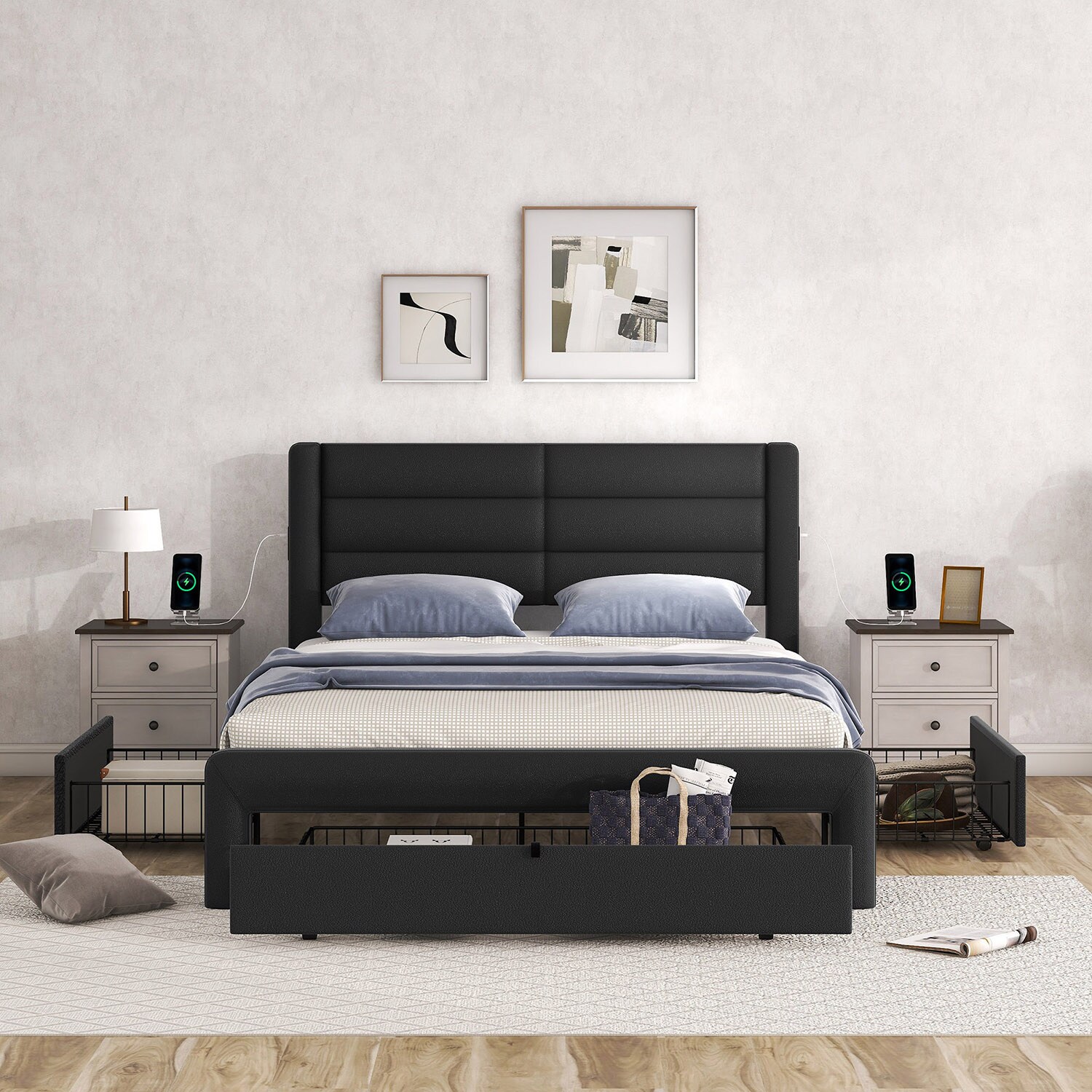 Black Queen Leather Upholstered Platform Bed with Drawers Storage and ...