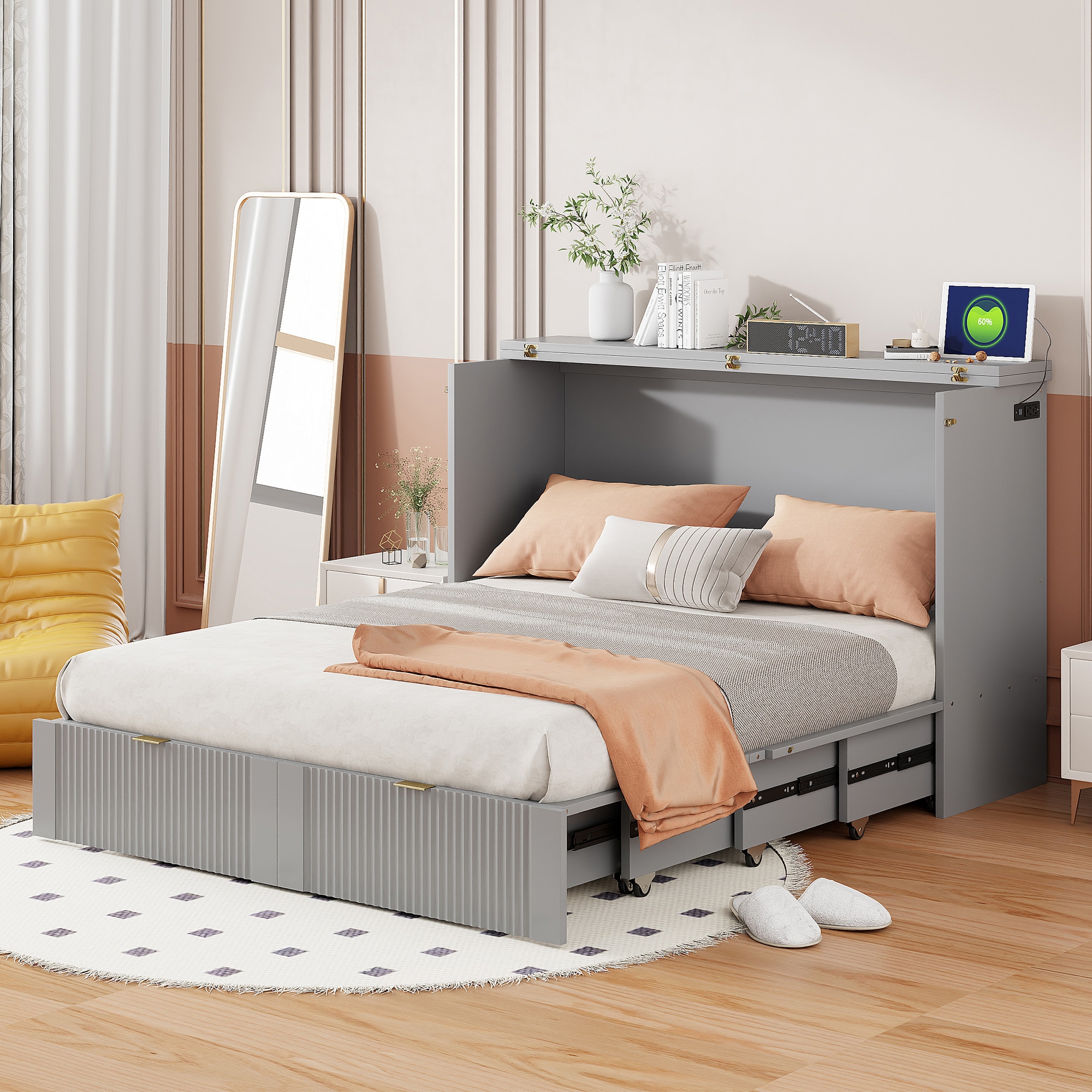 ModernLuxe LP100770AAE Full Size Murphy Bed  with drawer and a set of Sockets  USB Ports Pulley Structure Design Gray