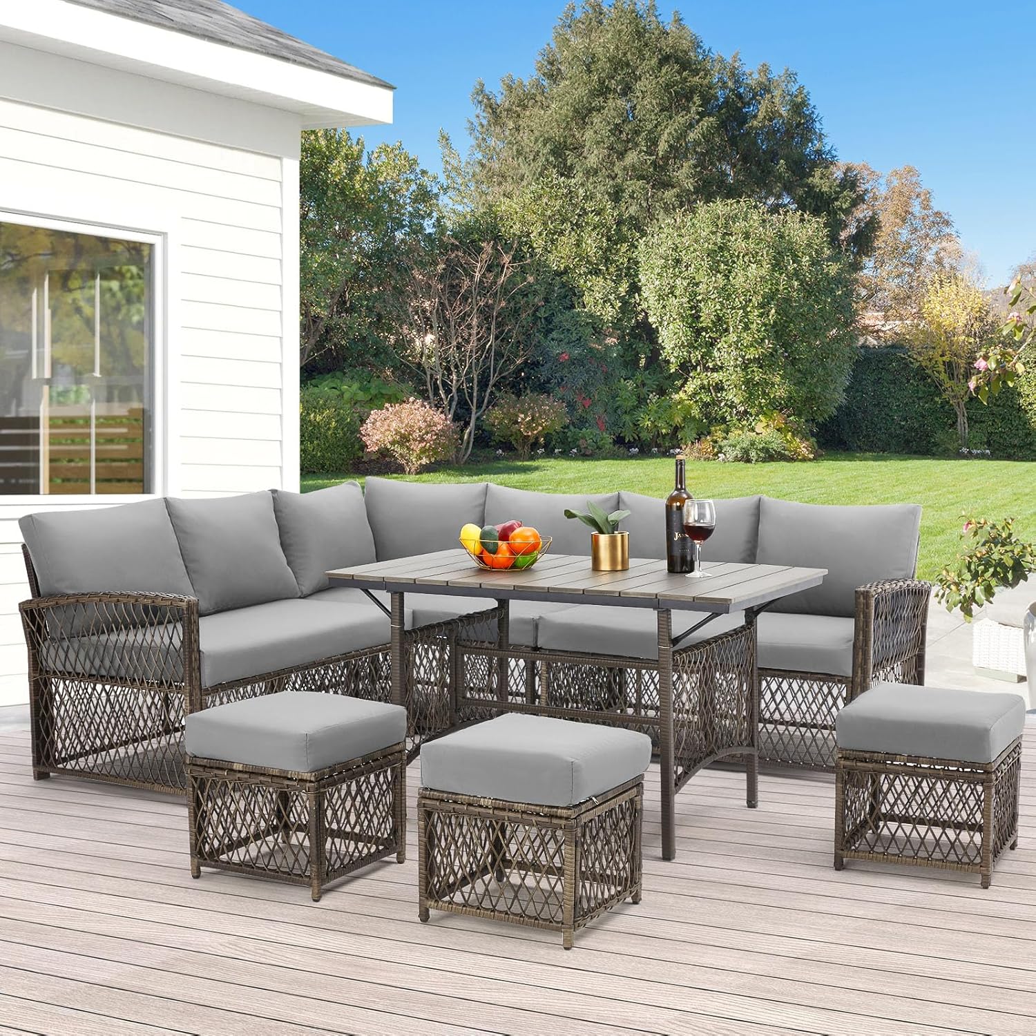 AECOJOY 16313GR-LS01 Conversation Set Outdoor Sectional with Gray Cushions and Wicker Frame