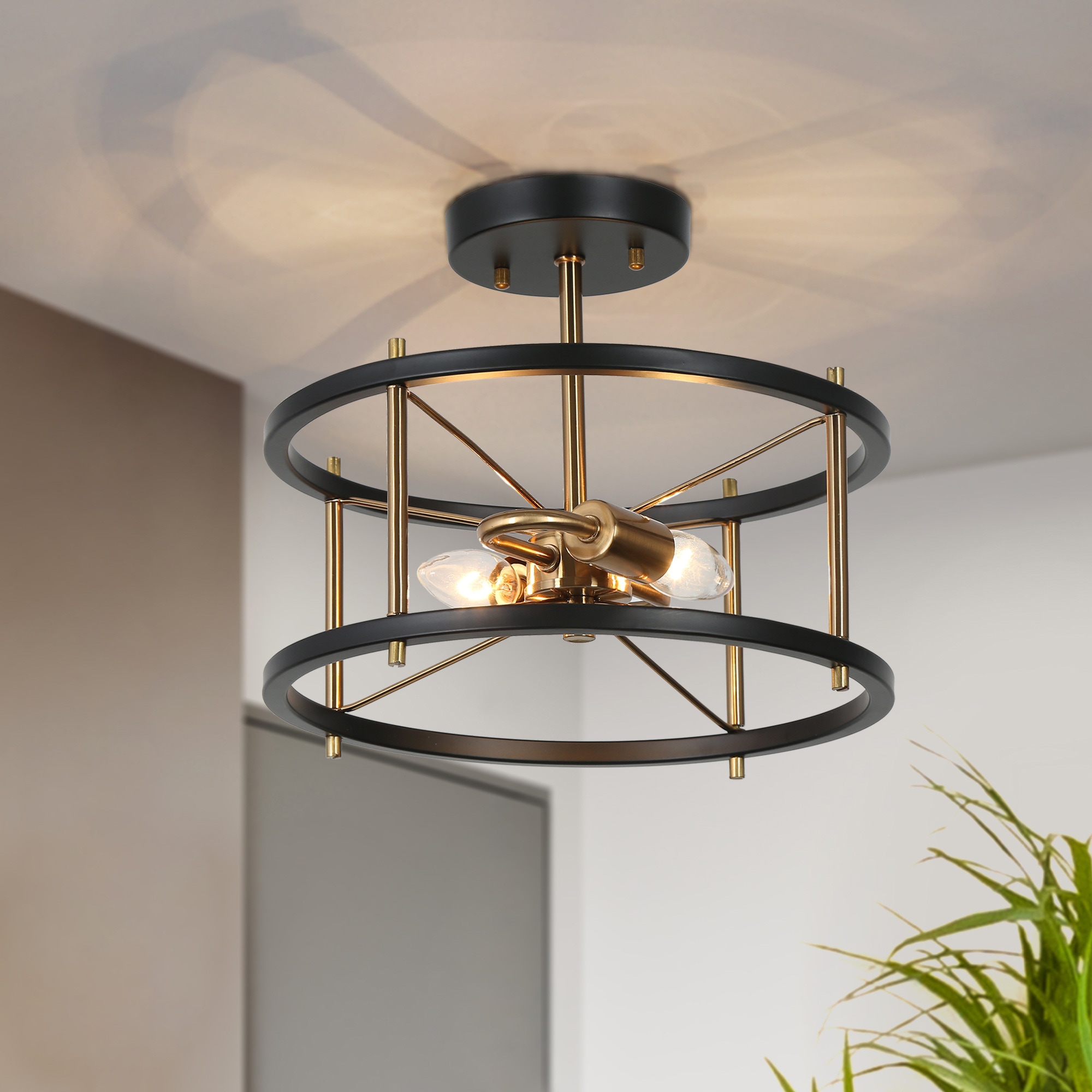 ZEVNI L336NEFJW65C2ST8 Drumia Mid-Century 2 -Light 12-in Matte Black Semi Flush Mount Light