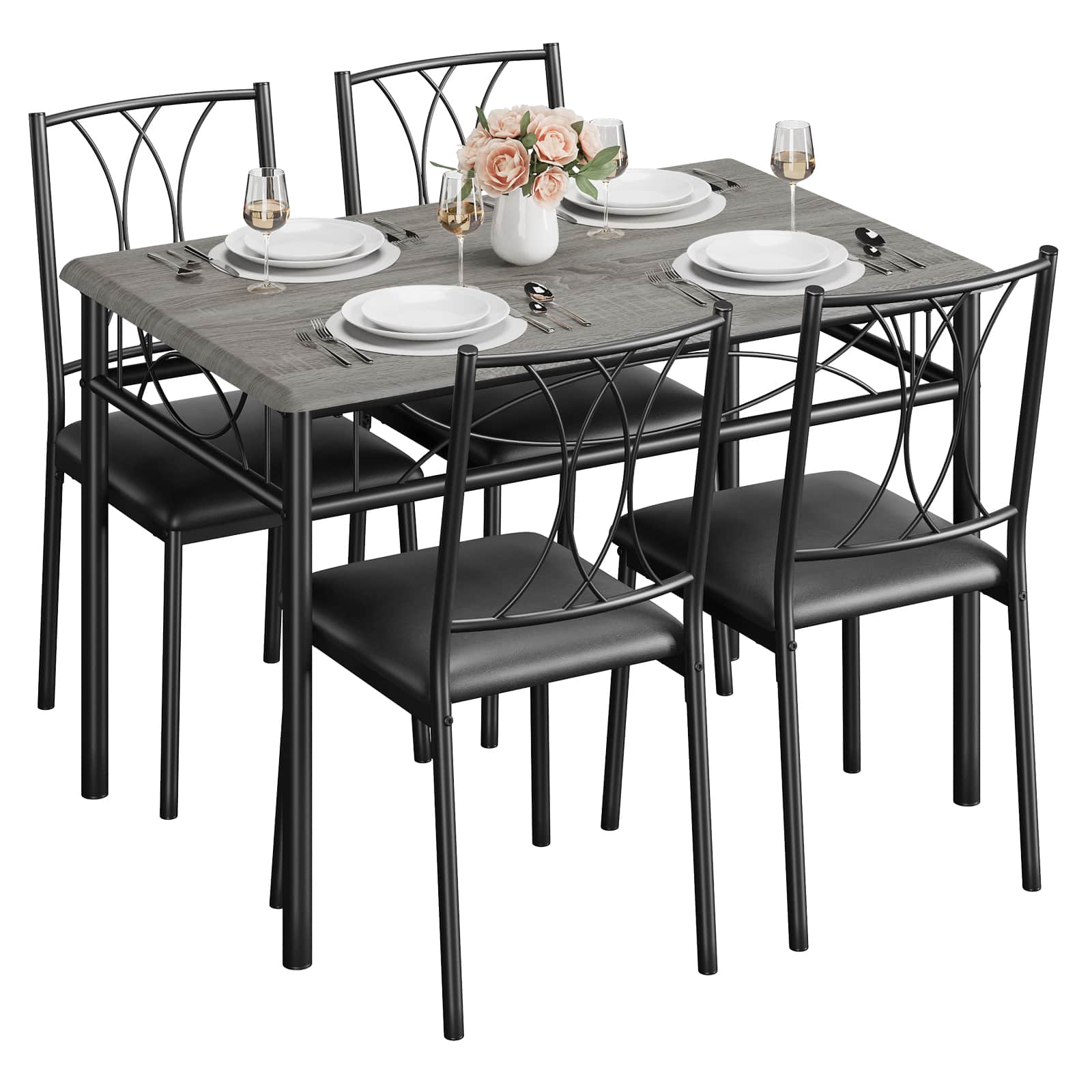 WhizMax PHO-0XJXWIXK-KLN 5 Pcs Dining Table Set for 4 With 4 Upholstered Chairs and Wood Table Top Gray