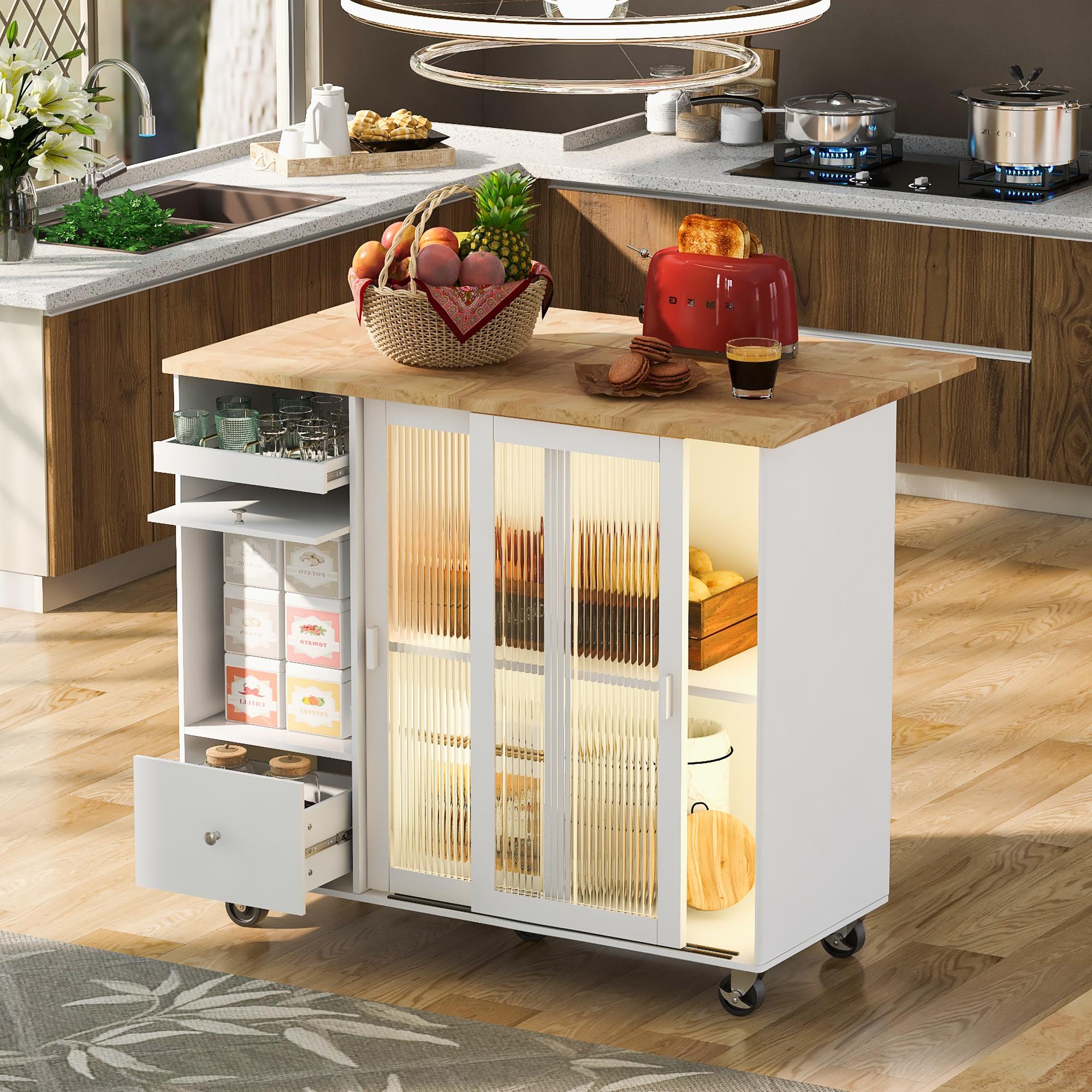 Bayfeve Grey Blue Kitchen Island with Drop Leaf, LED Light Kitchen Cart on Wheels with 2 Fluted Glass Doors and 1 Flip Cabinet Door, Large Kitchen Island Cart with an Adjustable Shelf and 2 Drawers