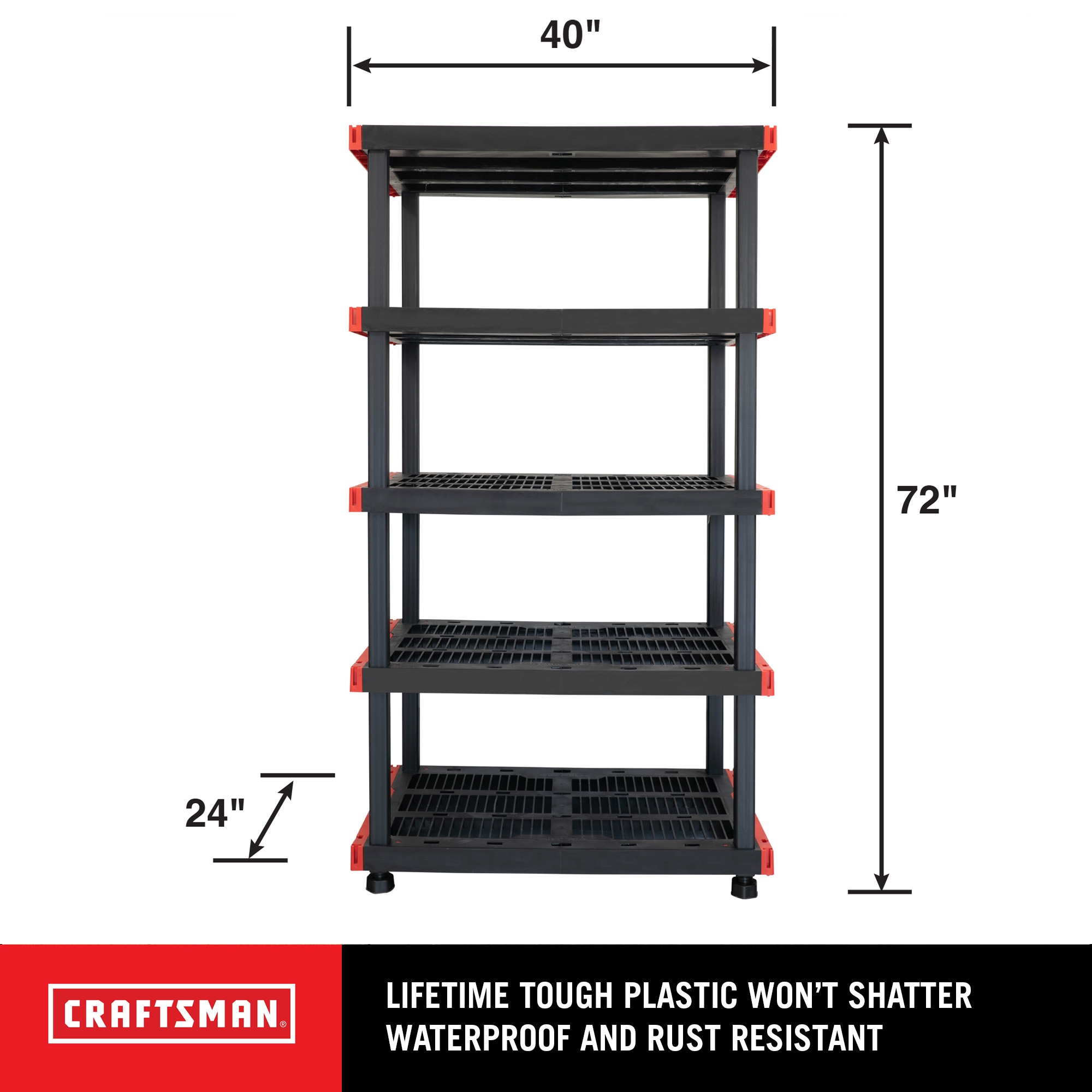 CRAFTSMAN Plastic Heavy Duty 5-Tier Utility Shelving Unit (40-in W x 24-in  D x 72-in H), Black in the Freestanding Shelving Units department at