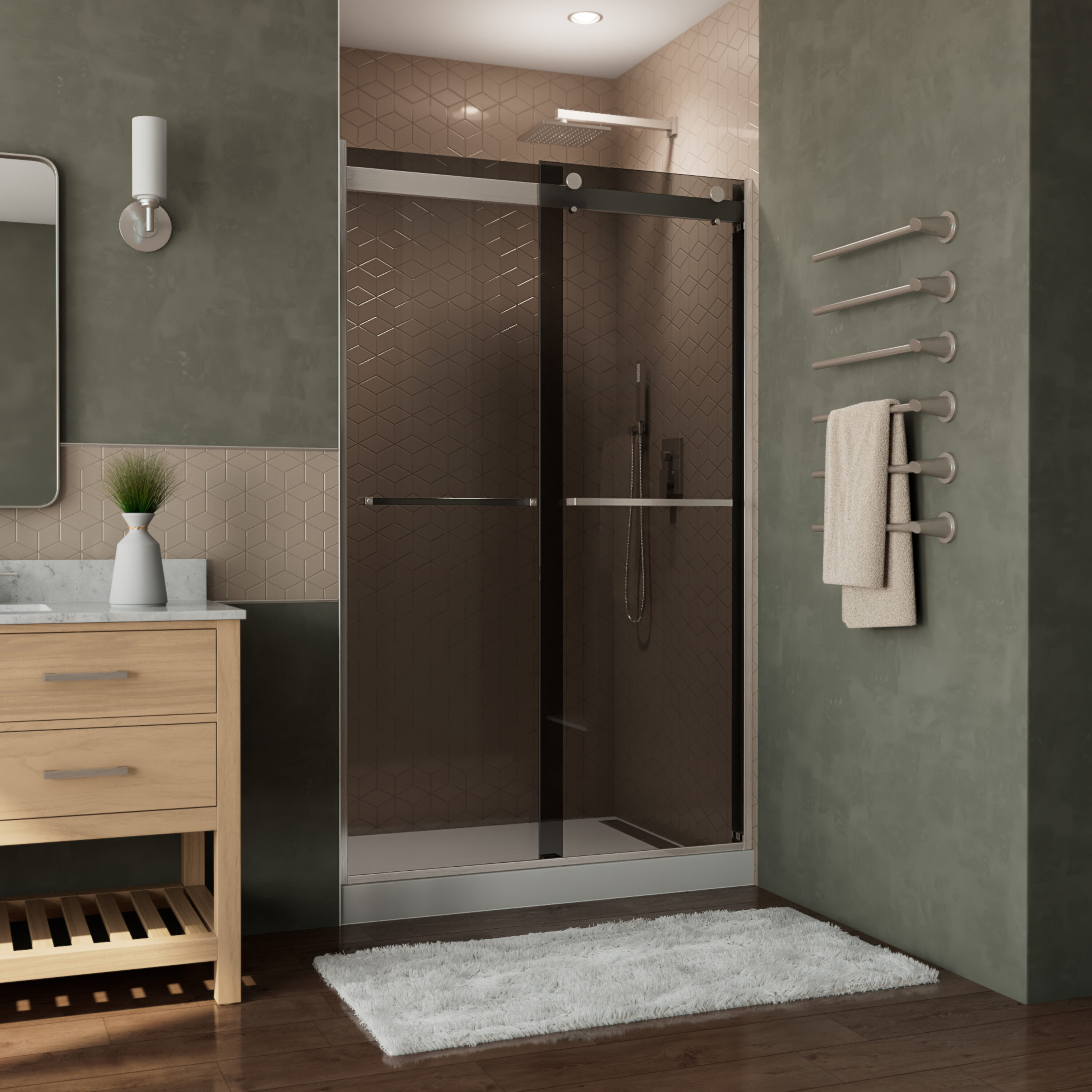 DreamLine SHDR-634876HG04 Essence-H Brushed Nickel 44-in to 48-in W x 76-in H Semi-frameless Bypass Sliding Shower door 5/16-in Thick Smoke gray Glass