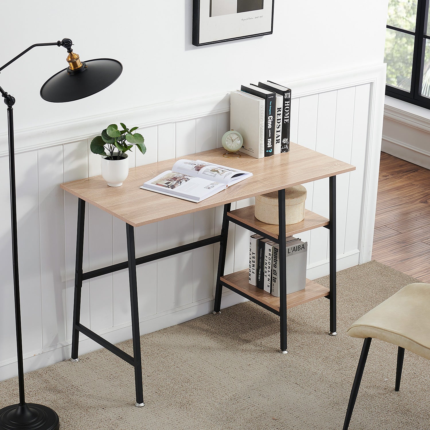 Vecelo LOE-DC-CD01 43 Inch Computer Desk with Storage Shelves Home Office Writing Desk Study Table for Small Space