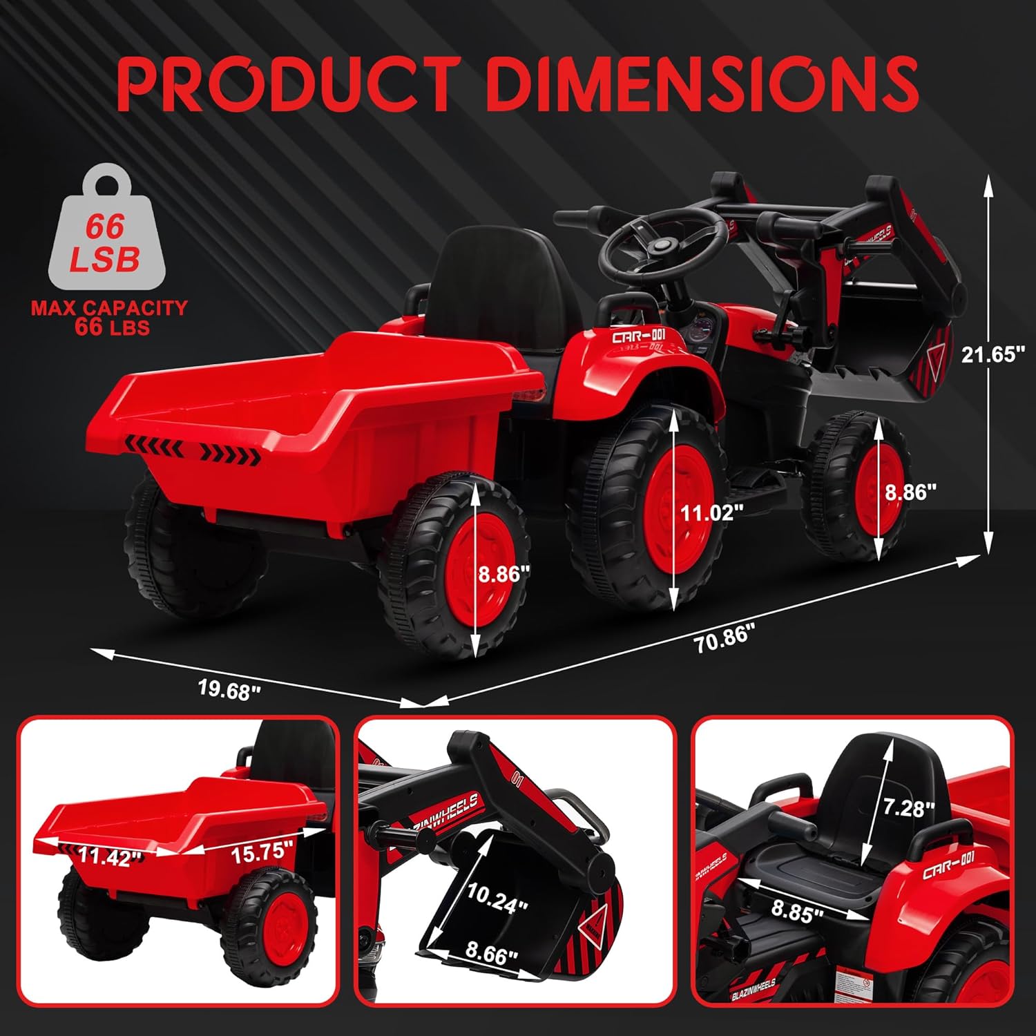 Qeetex KIDSPTO0ZGYBIS6 12V 3 in 1 Kids Ride On Excavator Tractor With Detachable Trailer Remote Control Led Lights Bluetooth Music And Safety Features Red