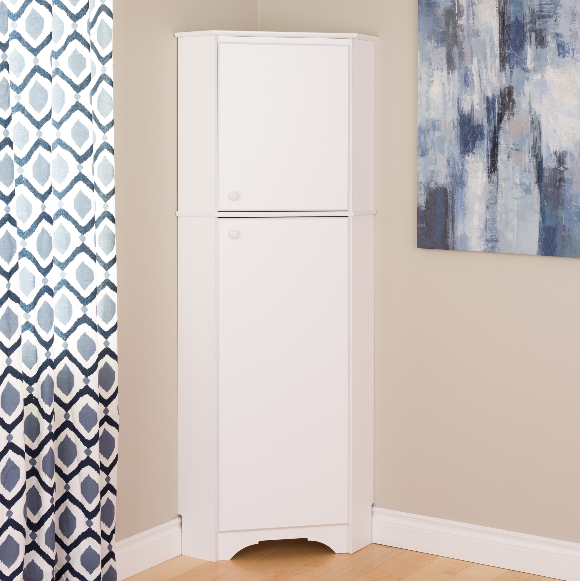 Elite Tall White Freestanding Corner Storage Cabinet with Adjustable Shelving