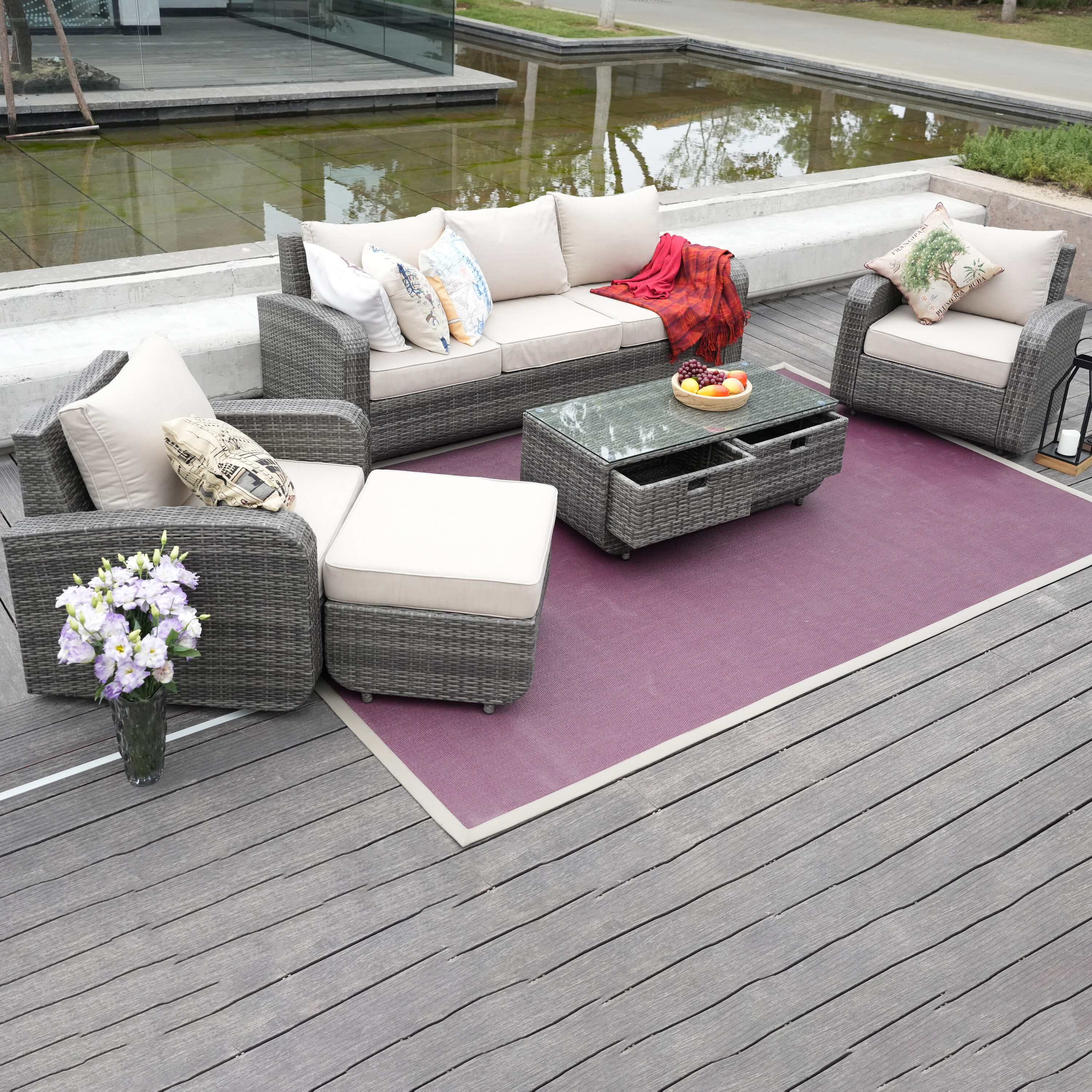 Moda Furnishings CMAS-1515-GR Alice 5 -Piece Wicker Patio Sofa Conversation Set with Beige Cushions