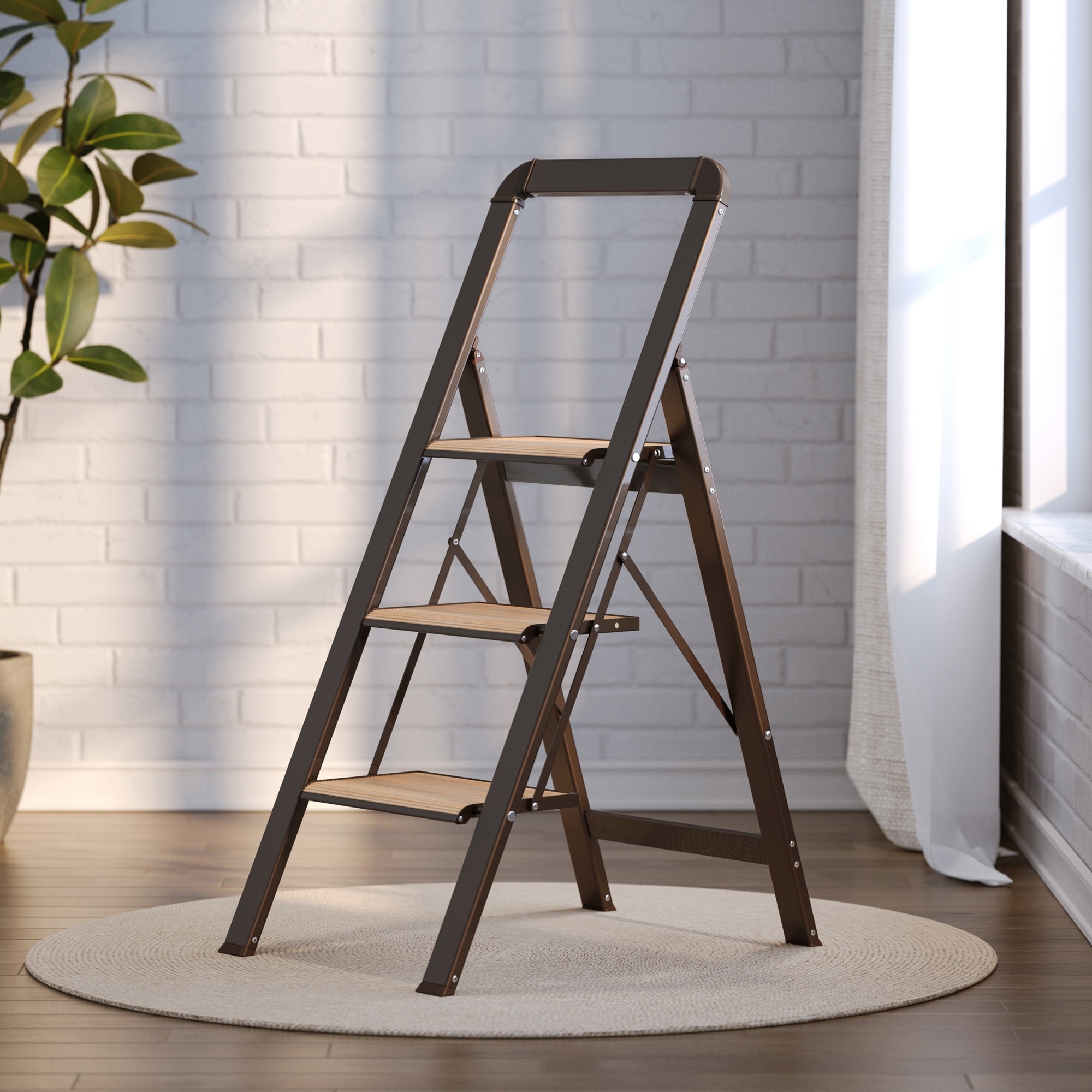 Lirago 3 Step Ladder Folding Step Stool for Adults with Wide Anti-Slip Pedal Aluminium Lightweight Foldable Step Ladders for Home Kitchen Office 450 lbs Capacity Brown