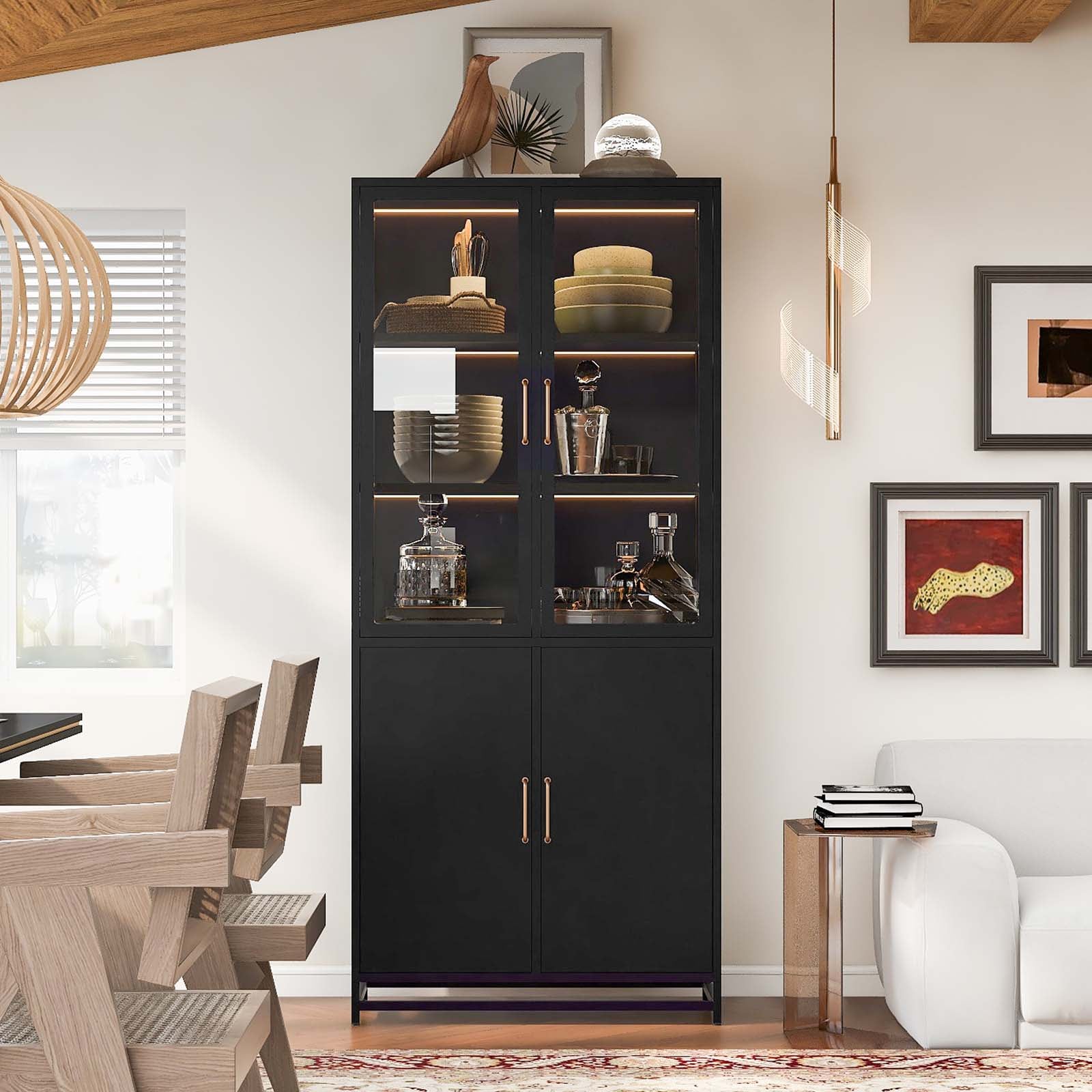 Black 4 -Door 33.45-in File Cabinet with Glass Doors and LED Lights Steel Curio Cabinet with 3-Si...