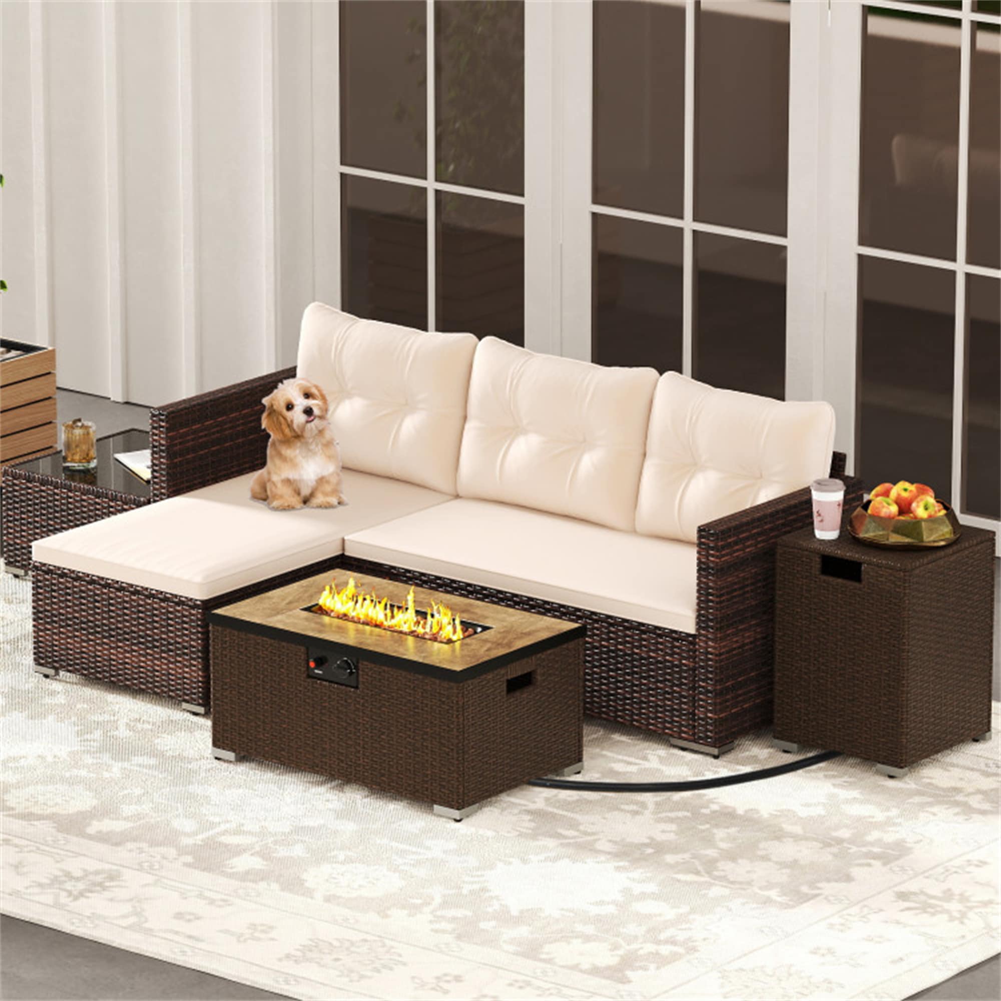 BABOOM BOM-3002BN+-CO Outdoor Furniture Set 4 -Piece Rattan Patio Sofa Conversation Set with Off-white Polyester Cushions